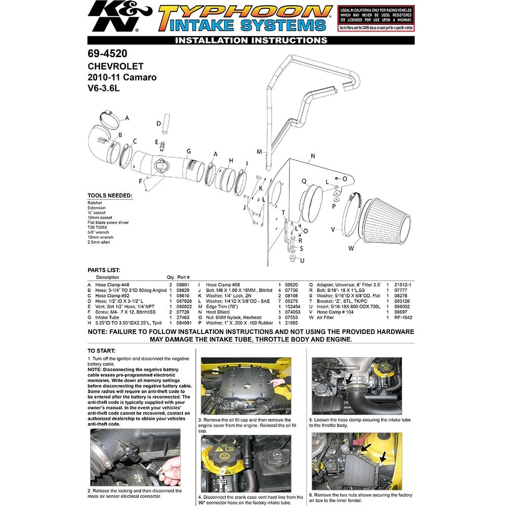 K&N 10 Camaro 3.6L V6 Typhoon Intake