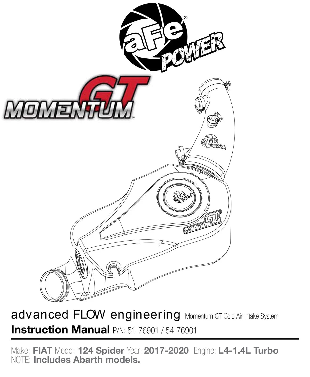 aFe Momentum GT Pro DRY S Cold Air Intake System 17-18 Fiat 124 Spider I4 1.4L (t)