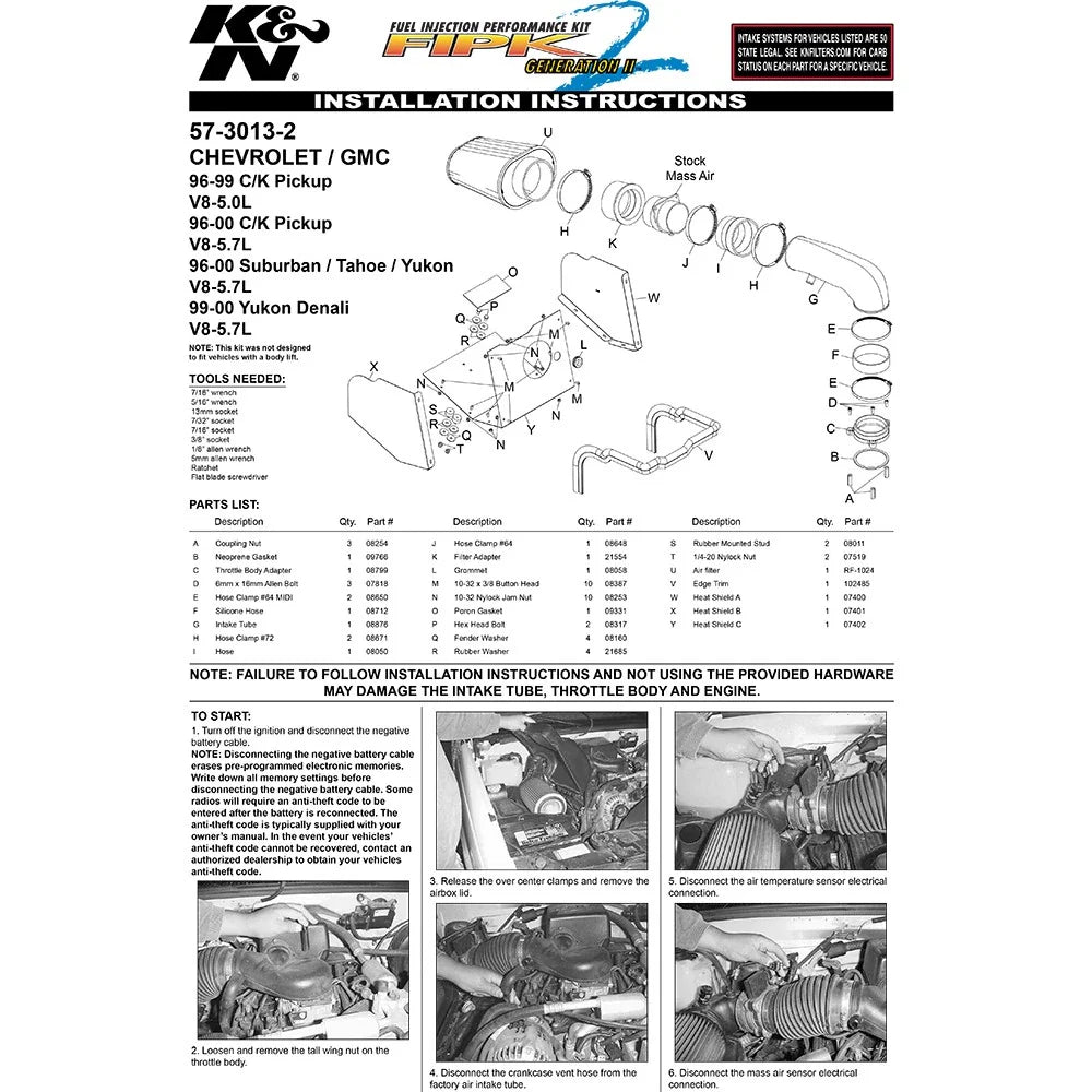K&N 96-00 Chevy PickUp V8 Performance Intake Kit