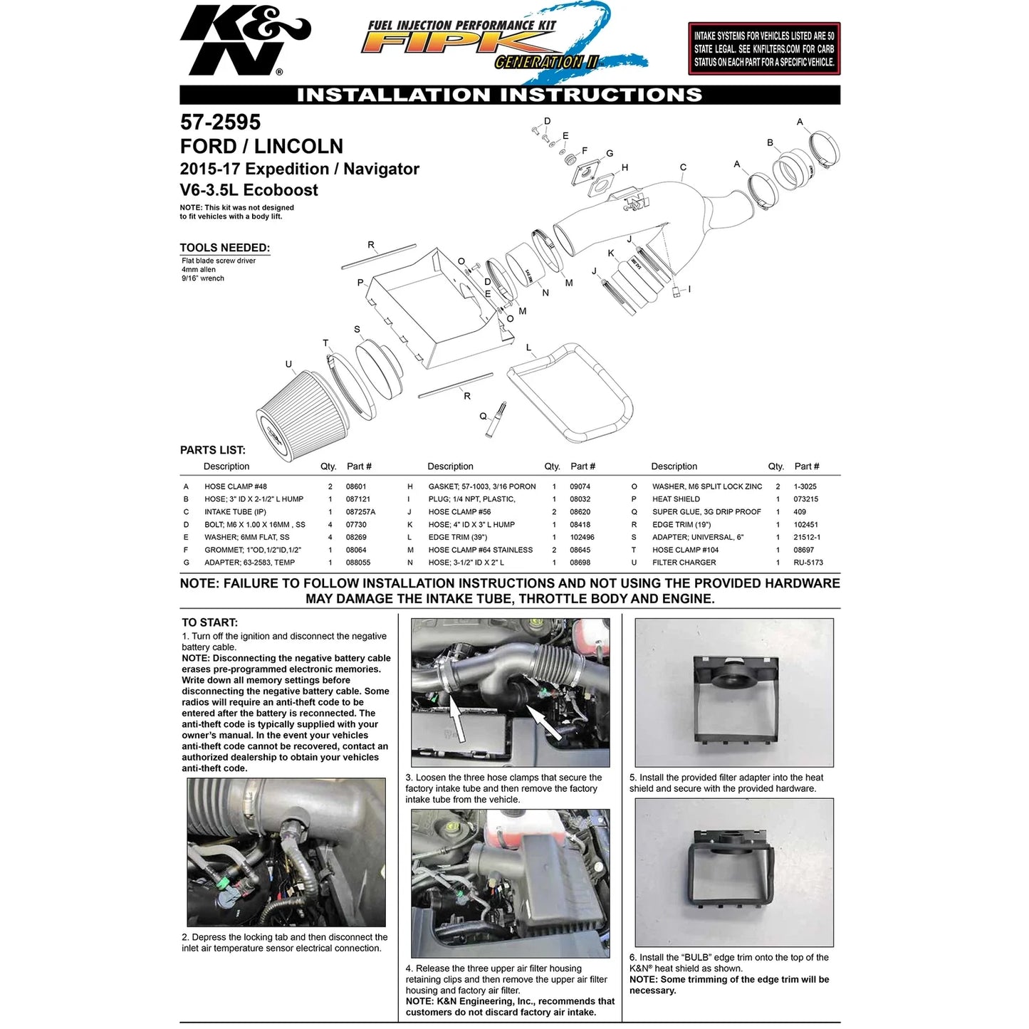 K&N 2015-2016 Ford Expedition/15-16 Lincoln Navigator 3.5L V6 F/I Performance Intake Kit