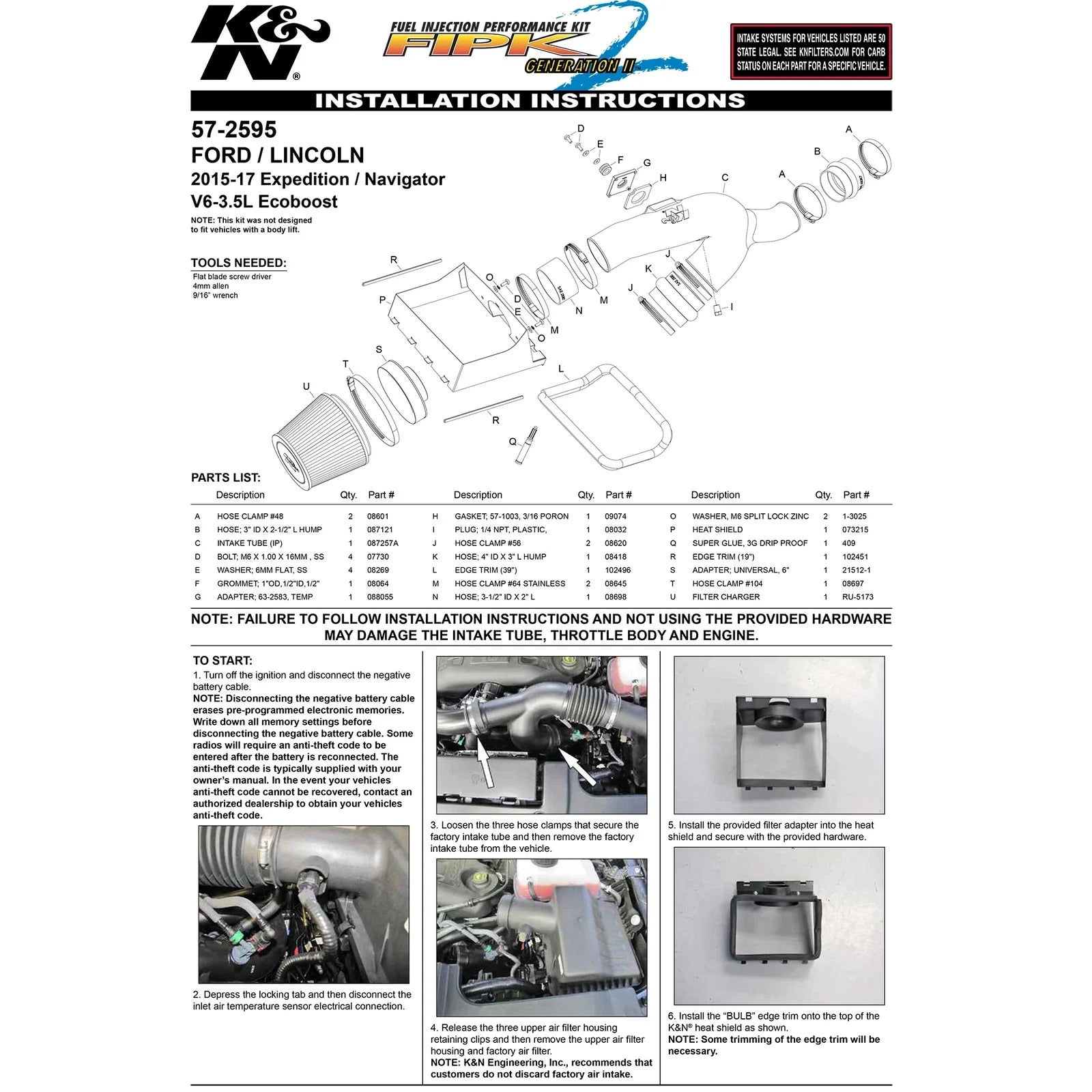K&N 2015-2016 Ford Expedition/15-16 Lincoln Navigator 3.5L V6 F/I Performance Intake Kit