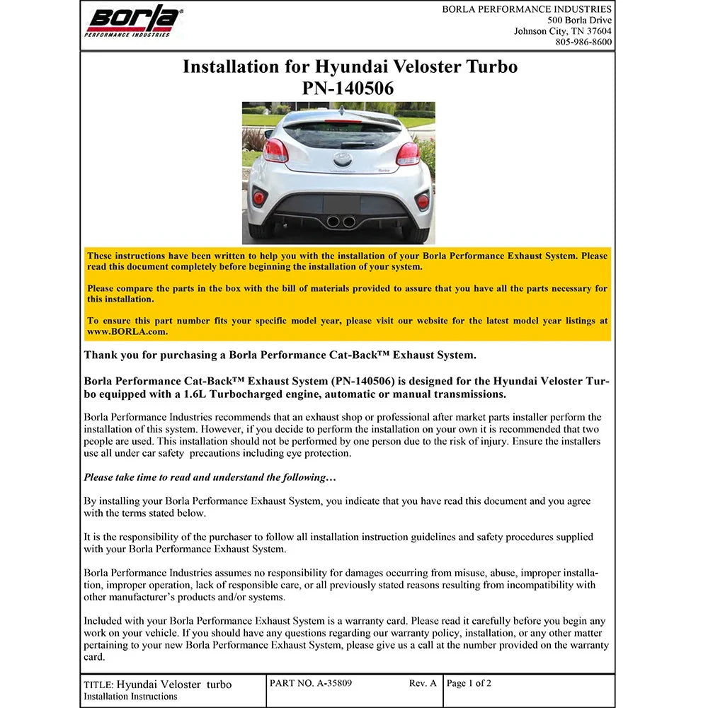 Borla 13-15 Hyundai Veloster Turbo 1.6L AT/MT FWD 2dr Dual Center Rear Exit Cat-Back Exhaust