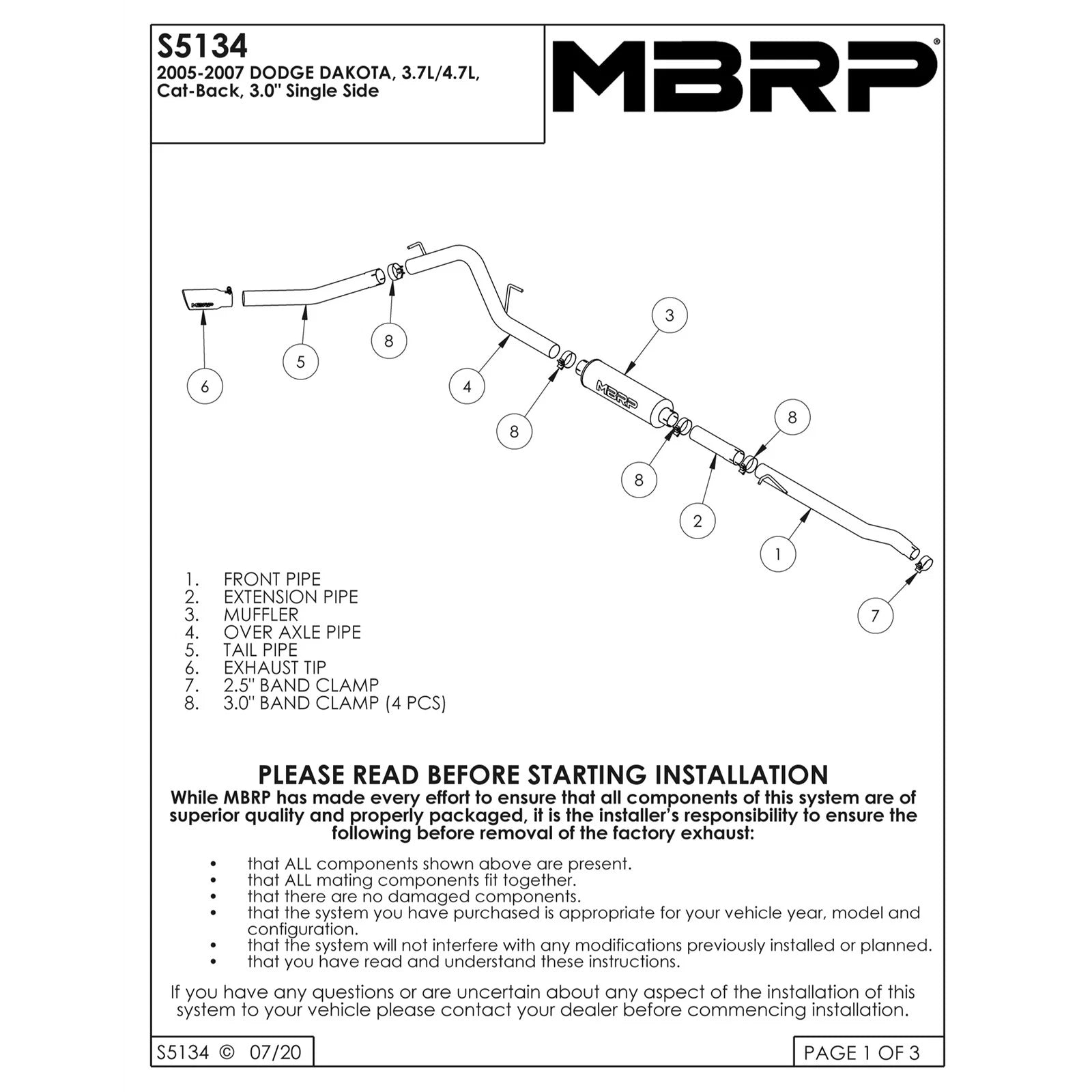 MBRP 2005-2007 Dodge Dakota 3.7/4.7L 3 Cat Back Single Side