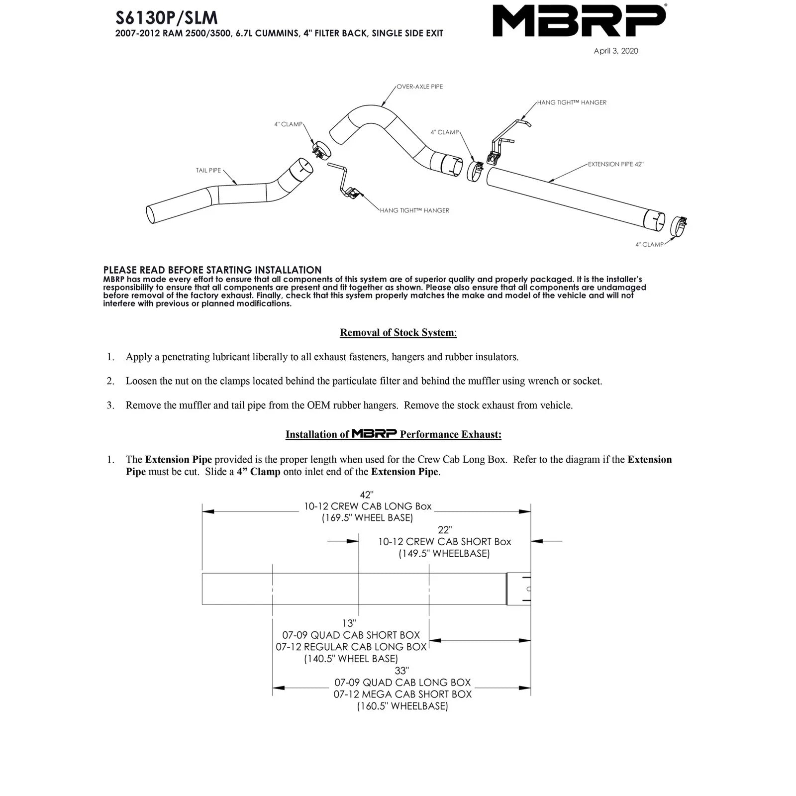 MBRP 07-12 Dodge RAM 2500 / 3500 Cummins 6.7L 4in Filter Back Single Side Exit - No Muffler