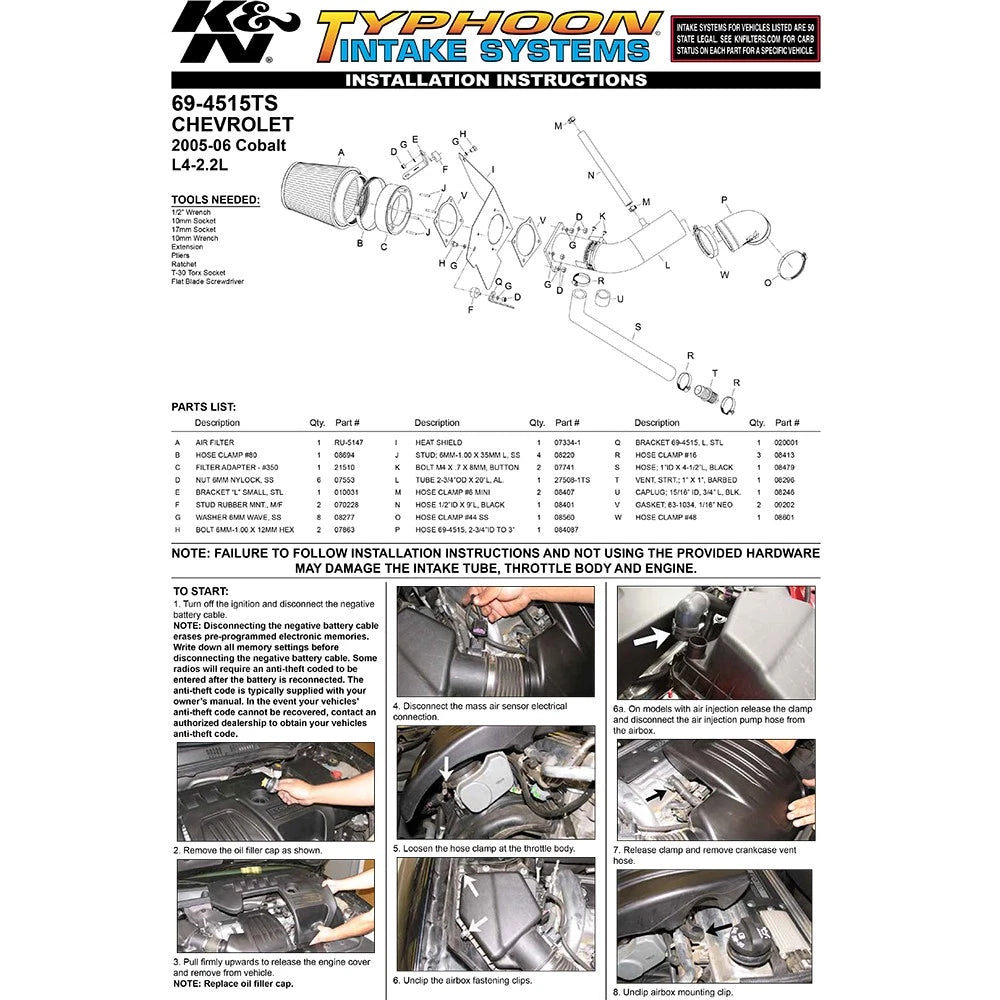 K&N 05-09 Chevy Cobalt 2.2L Silver Typhoon Short Ram Intake