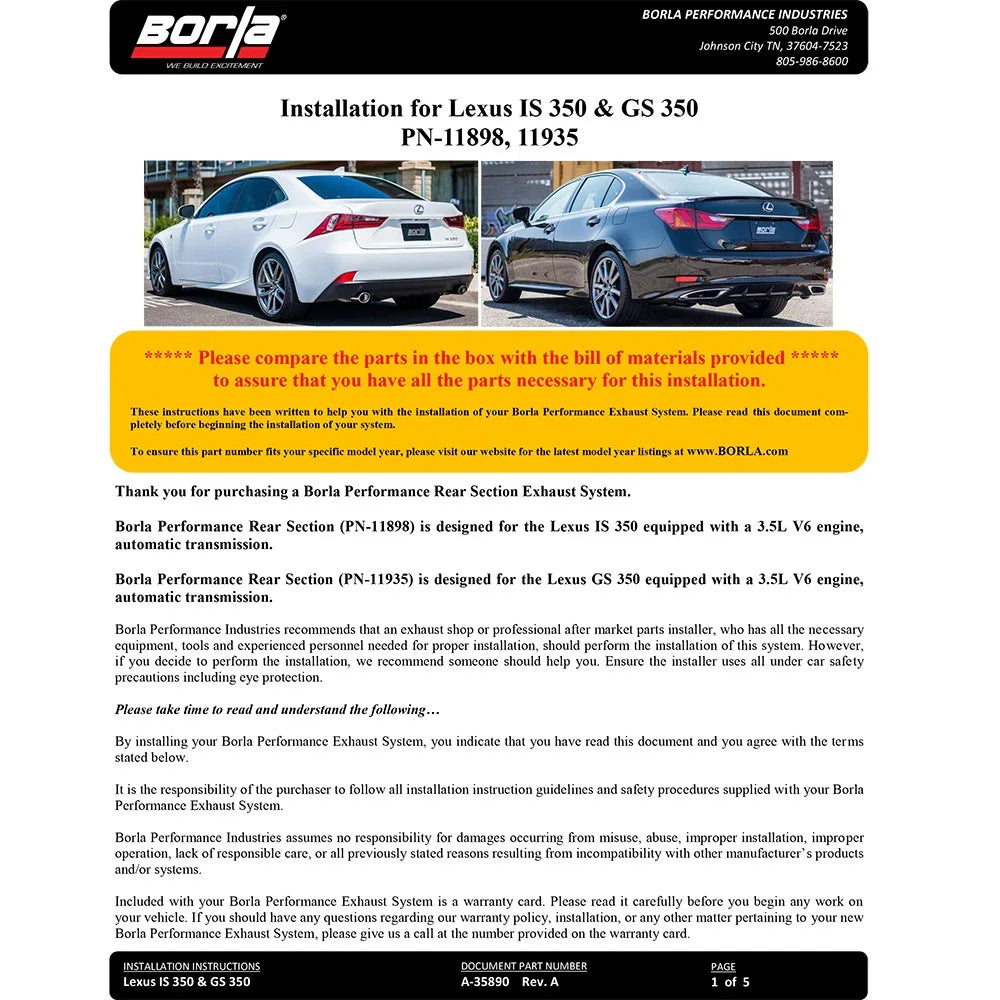 Borla 14-16 Lexus IS 250/350 2.5L/3.5L Automatic/Manual Trans RWD 4 door S-Type Axle back Exhaust