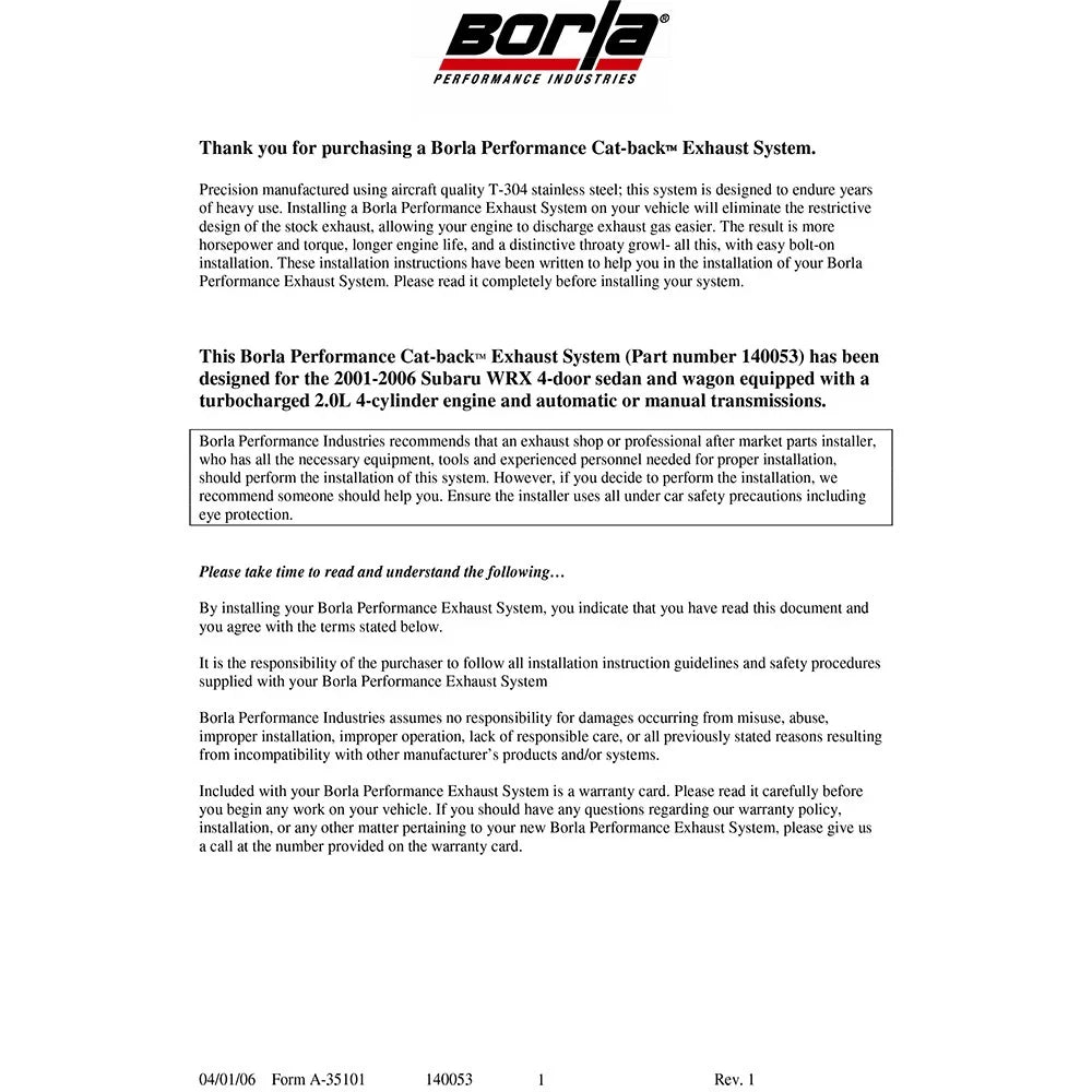 Borla 02-07 WRX Twin Tip Hush Catback Exhaust
