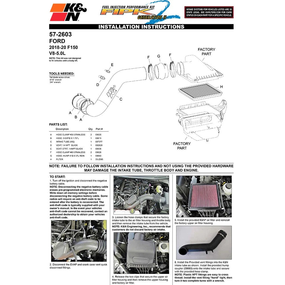 K&N 18-19 Ford F150 V8-5.0L Performance Intake Kit