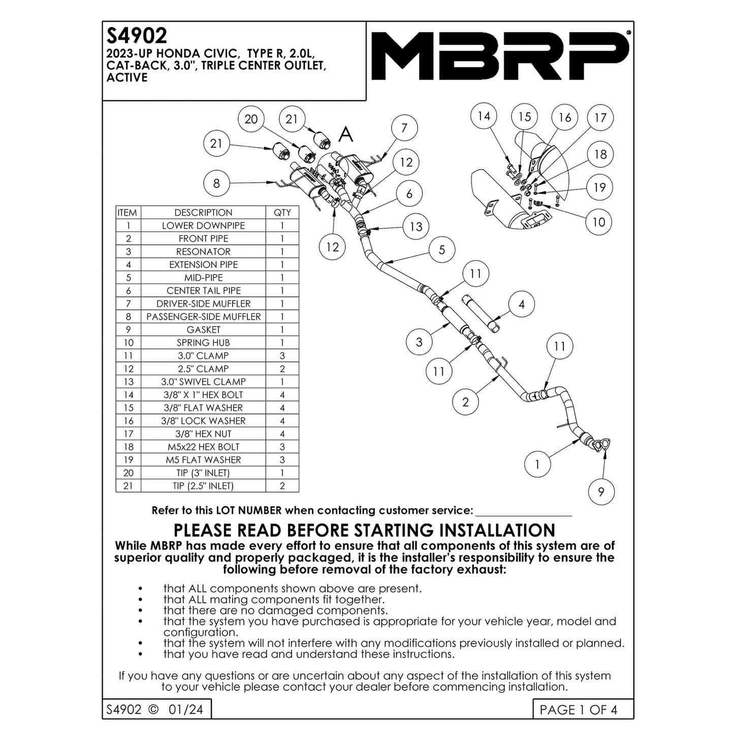 MBRP 23-24 Honda Civic Type R 2.0L T304 SS 3in Cat-Back Exhaust Triple Center Outlet w/ Burnt Tips