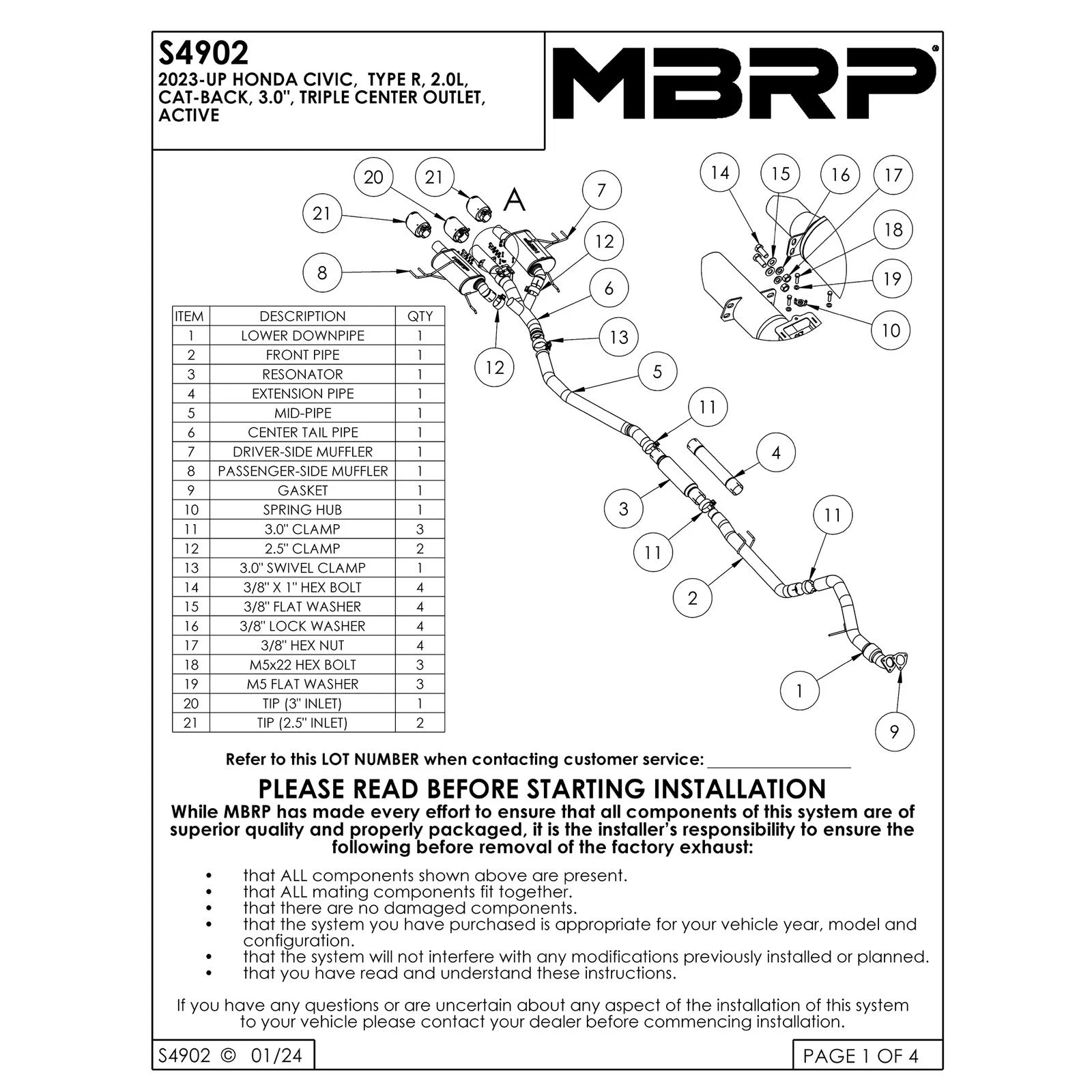 MBRP 23-24 Honda Civic Type R 2.0L T304 SS 3in Cat-Back Exhaust Triple Center Outlet w/ Burnt Tips