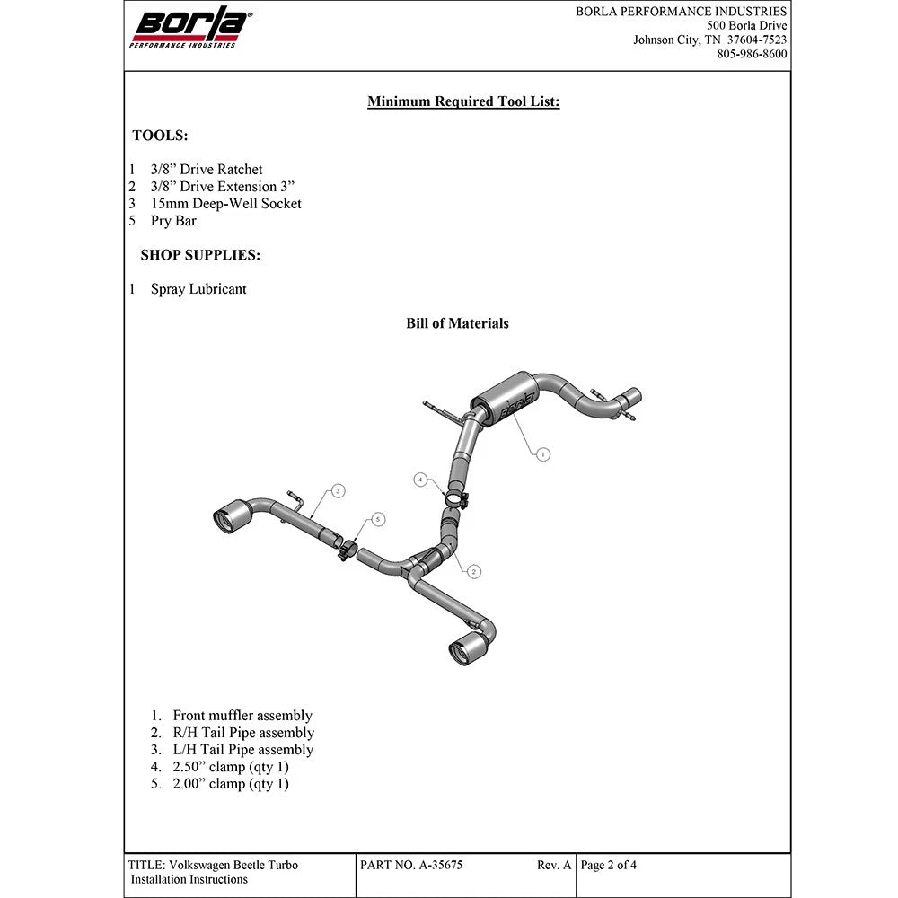 Borla 12-14 Volkswagen Bettle Turbo Hatchback 2.0L 4cyl SS Catback Exhaust