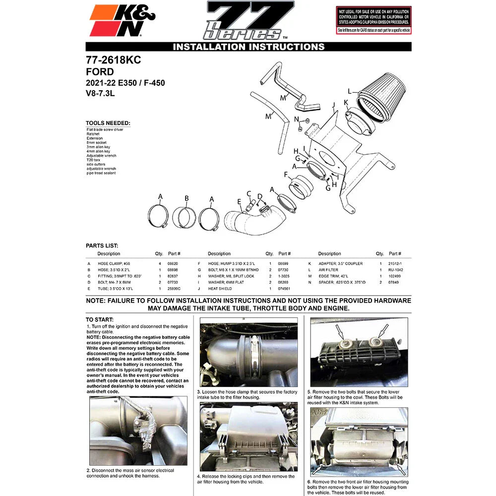 K&N 21-22 Ford E350/450 V8-7.3L Performance Air Intake Kit