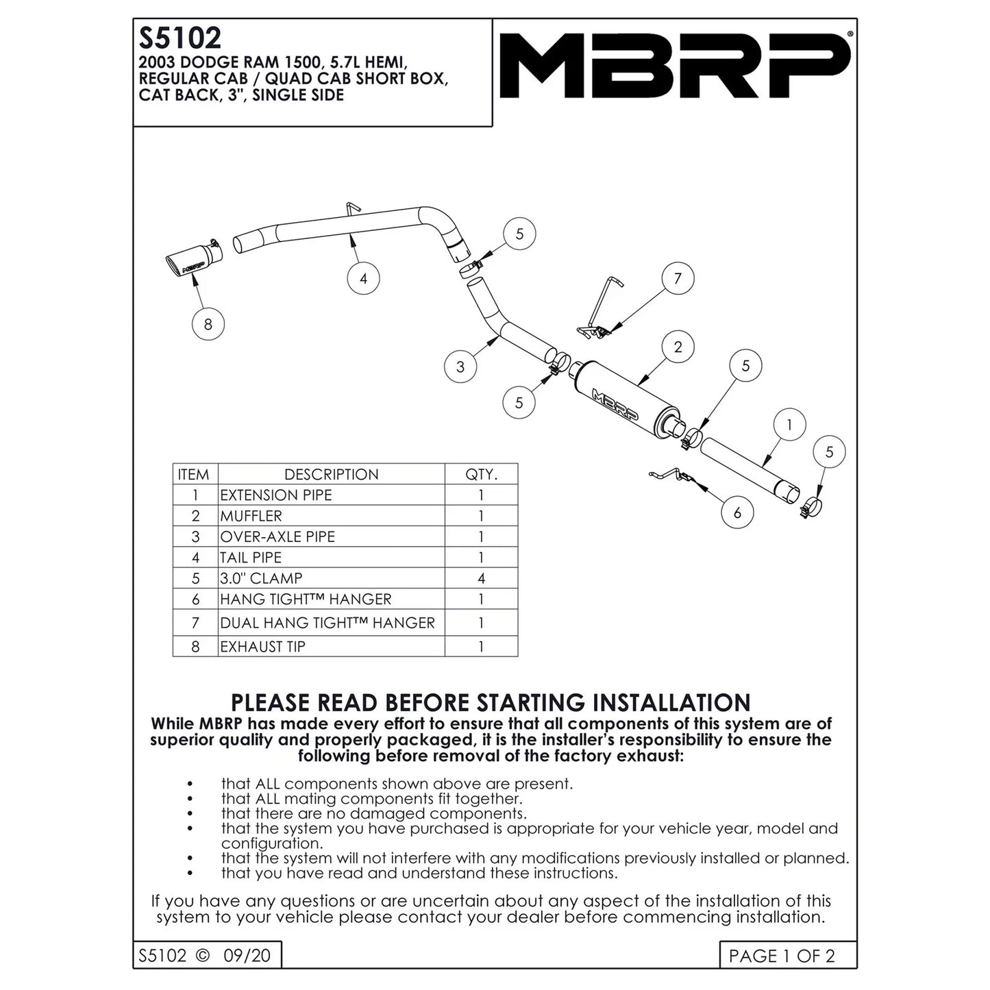 MBRP 2003 Dodge Ram Hemi 1500 5.7L SC/CC-SB Cat Back Single Side