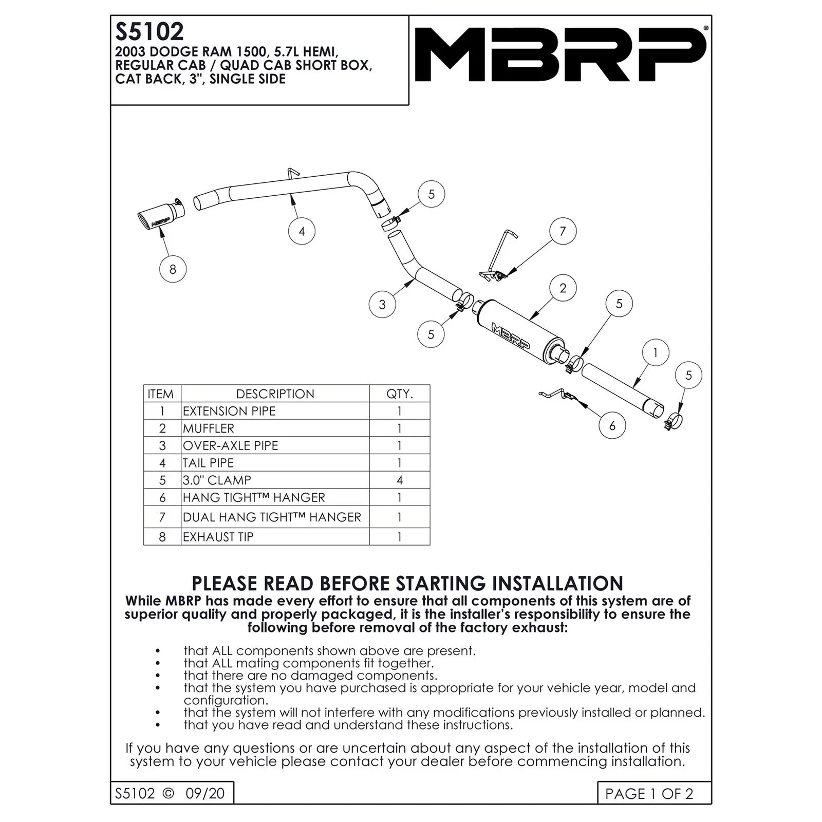 MBRP 2003 Dodge Ram Hemi 1500 5.7L SC/CC-SB Cat Back Single Side