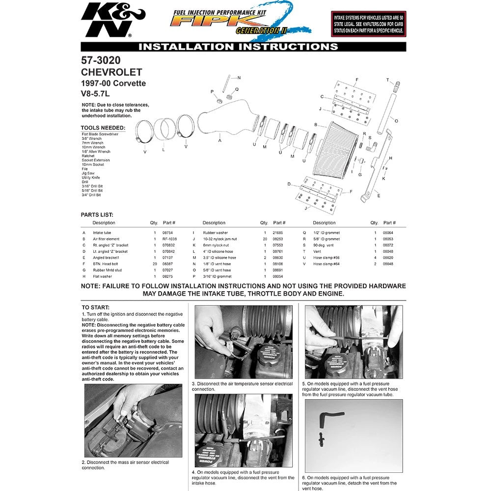 K&N 97-00 Chevy Corvette V8-5.7L Performance Intake Kit