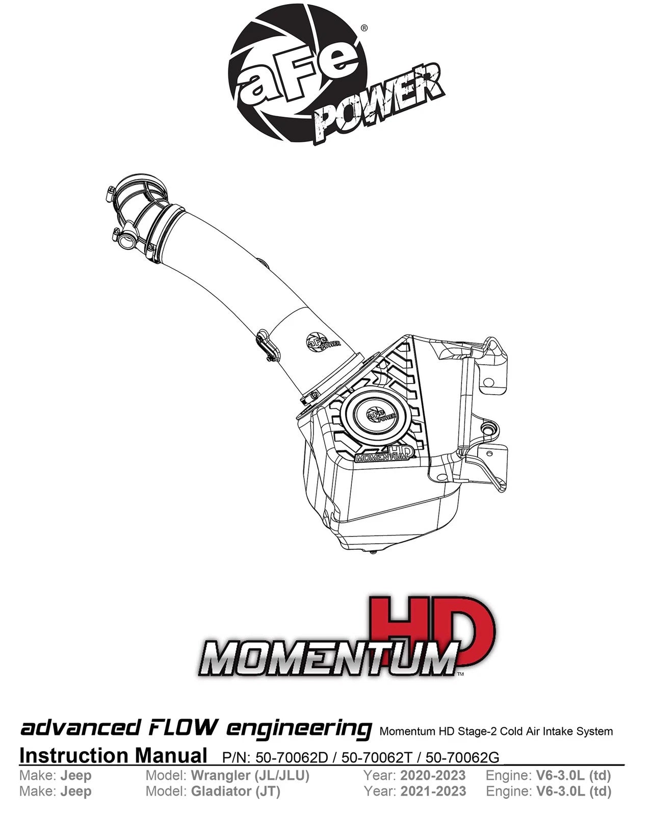 aFe 20-21 Jeep Wrangler (JL) V6-3.0L (td) Momentum HD Cold Air Intake System w/ Pro Dry S Media