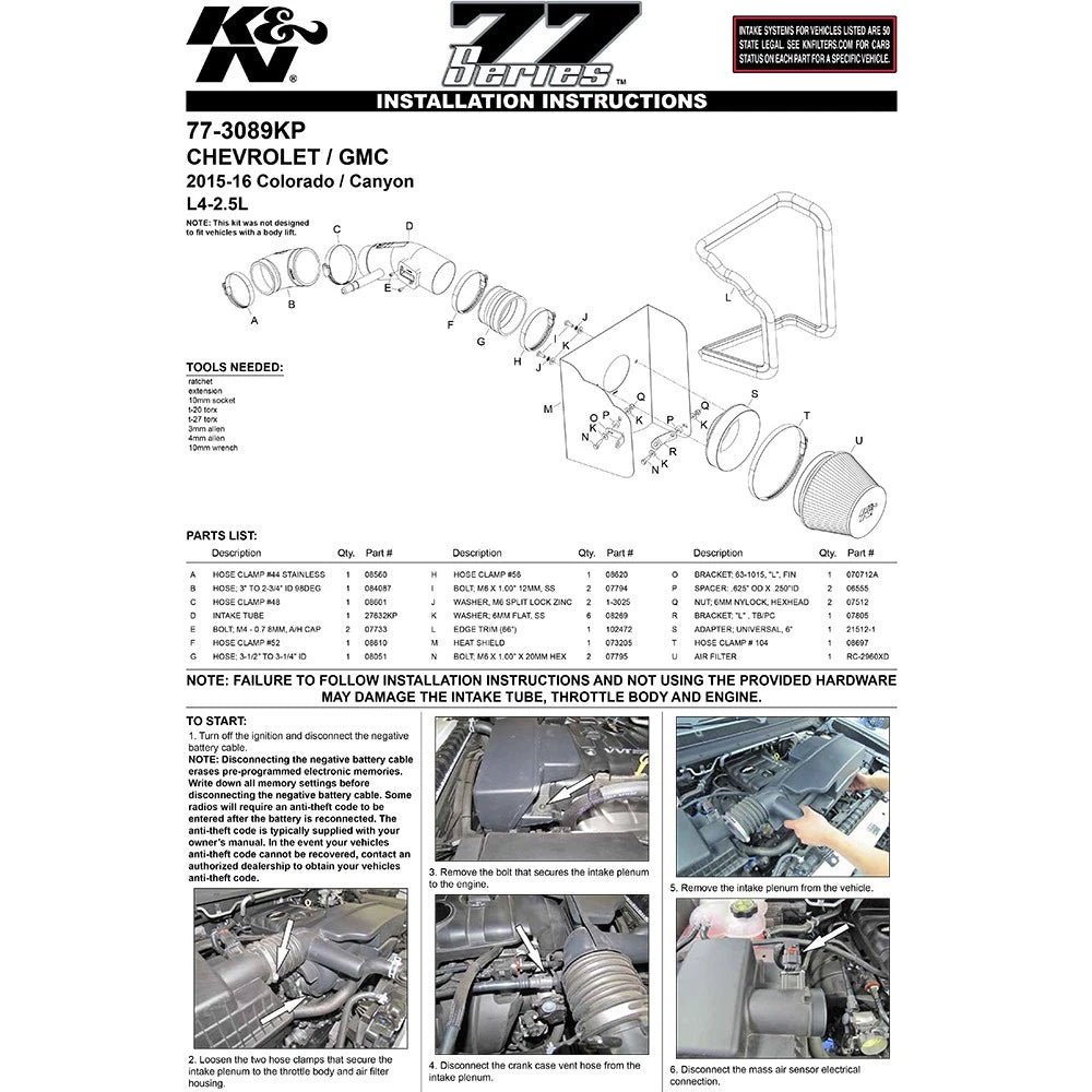K&N 77 Series 15-16 Chevy Colorado 2.5L / 15-16 GMC Canyon 2.5L Performance Intake Kit