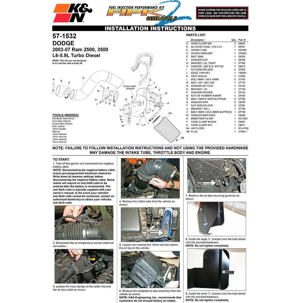 K&N 03-07 Dodge Ram 2500/3500 L6-5.9L Performance Intake Kit