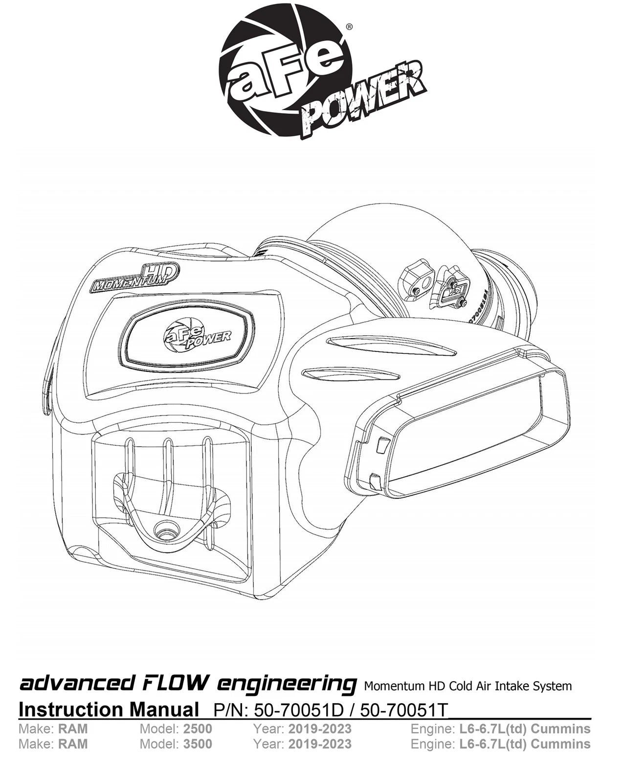 aFe POWER Momentum HD Cold Air Intake System w/ Pro Dry S Media 19-20 RAM Diesel Trucks L6-6.7L (td)