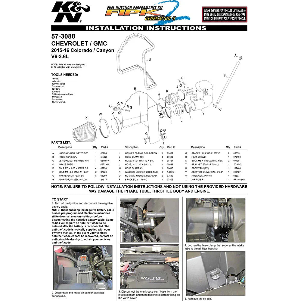 K&N 15-16 CHEVROLET COLORADO V6 3.6L FI Performance Air Intake System