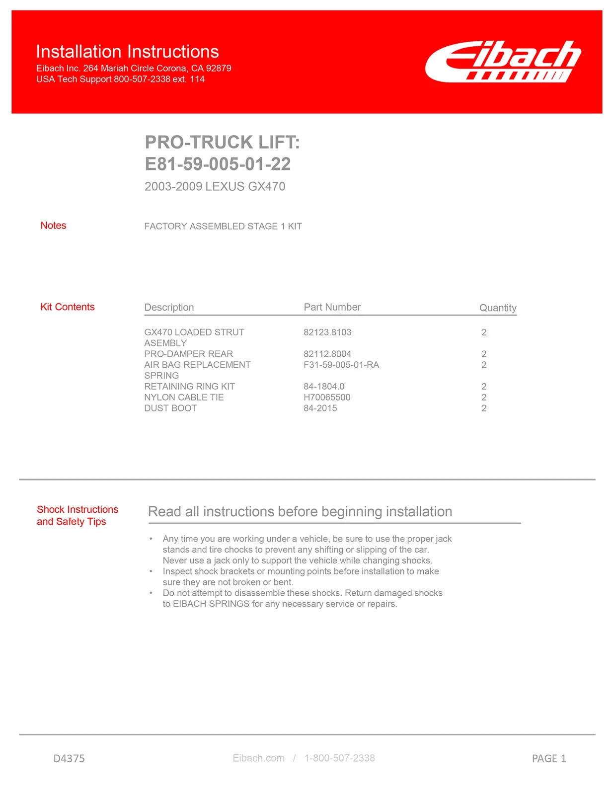 Eibach 03-09 Lexus GX470 Base Stage 1 Pro-Truck Lift Kit