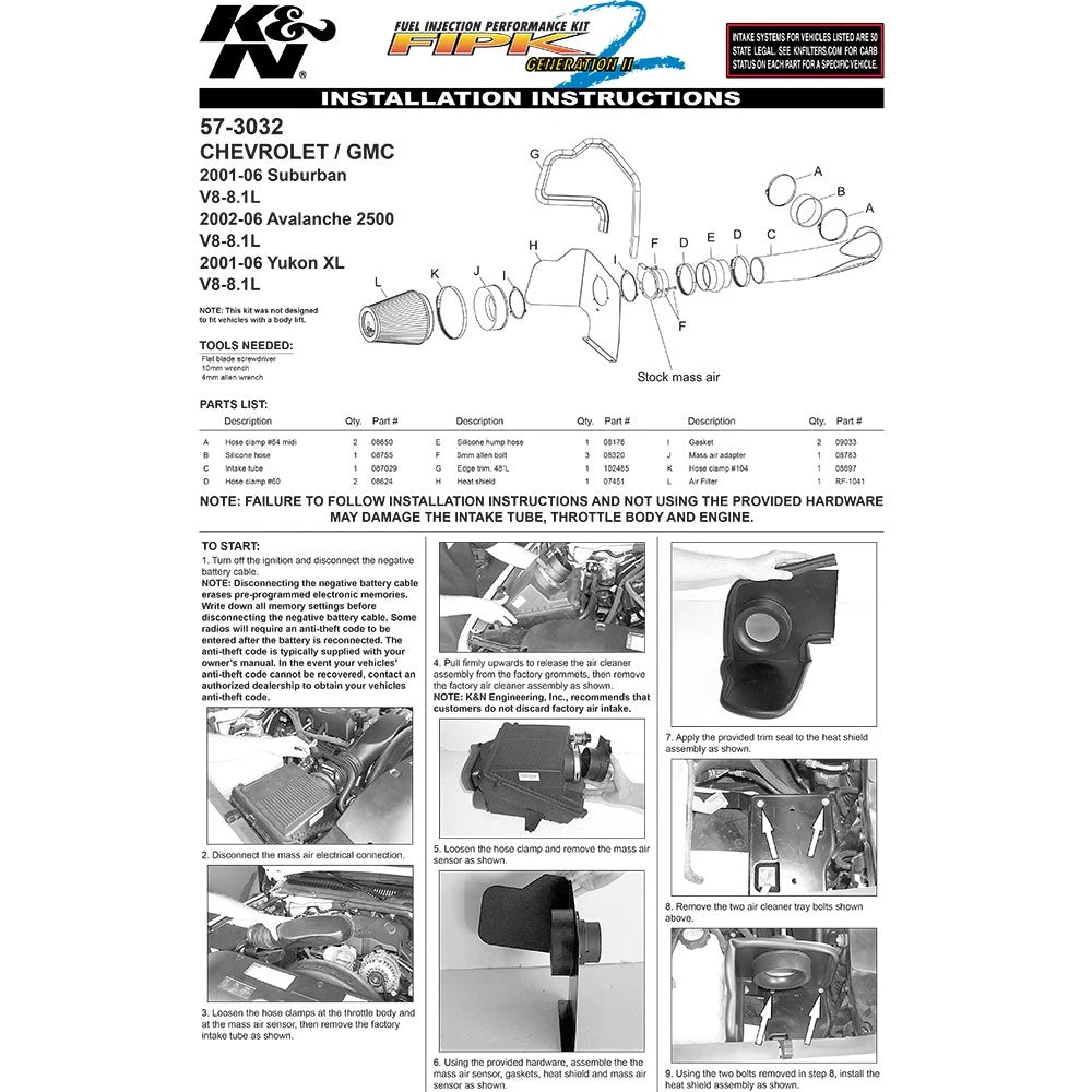 K&N 01-04 Chevy Suburban V8-8.1L Performance Intake Ki