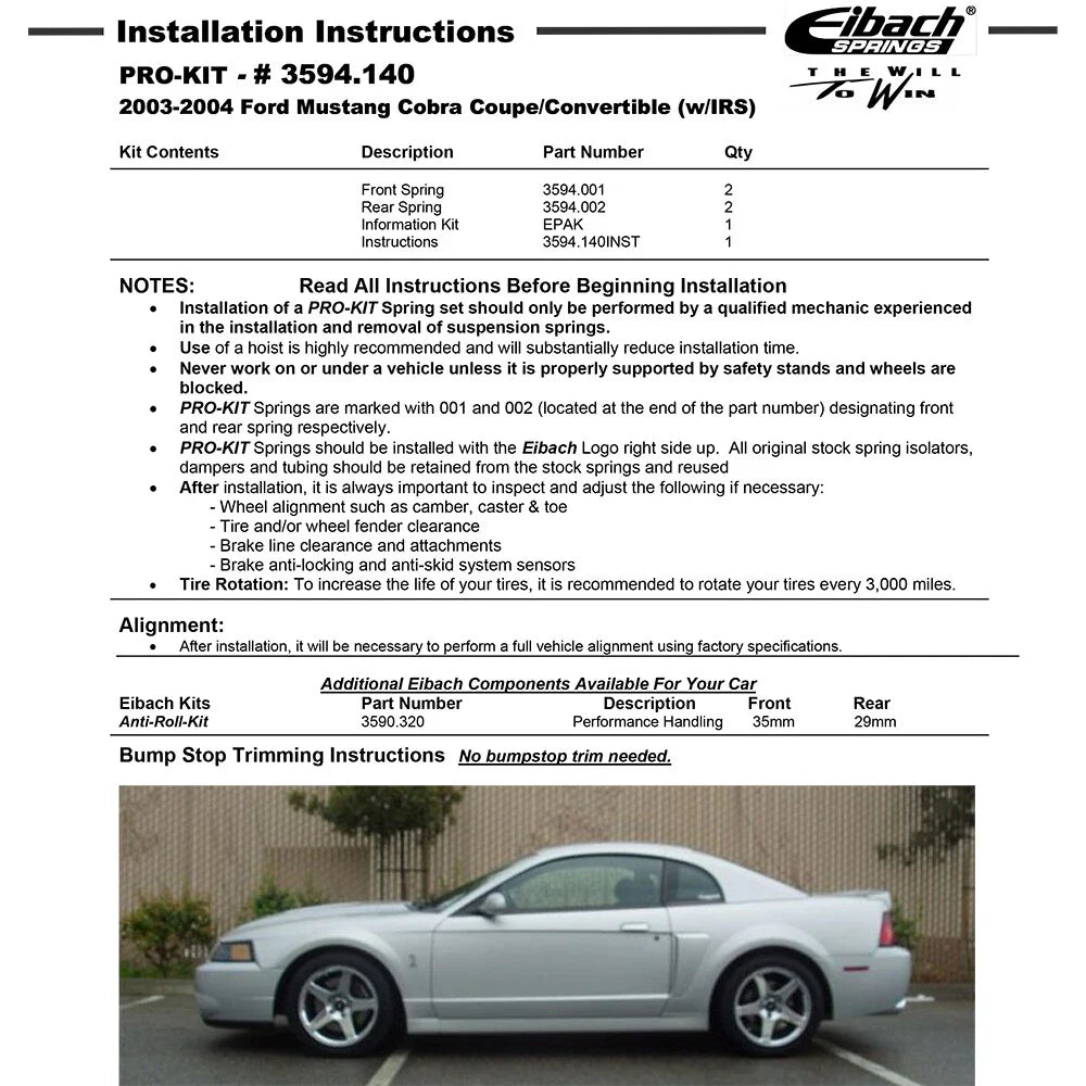 Eibach Pro-Kit for 03-04 Ford Mustang Cobra Convertible and Coupe