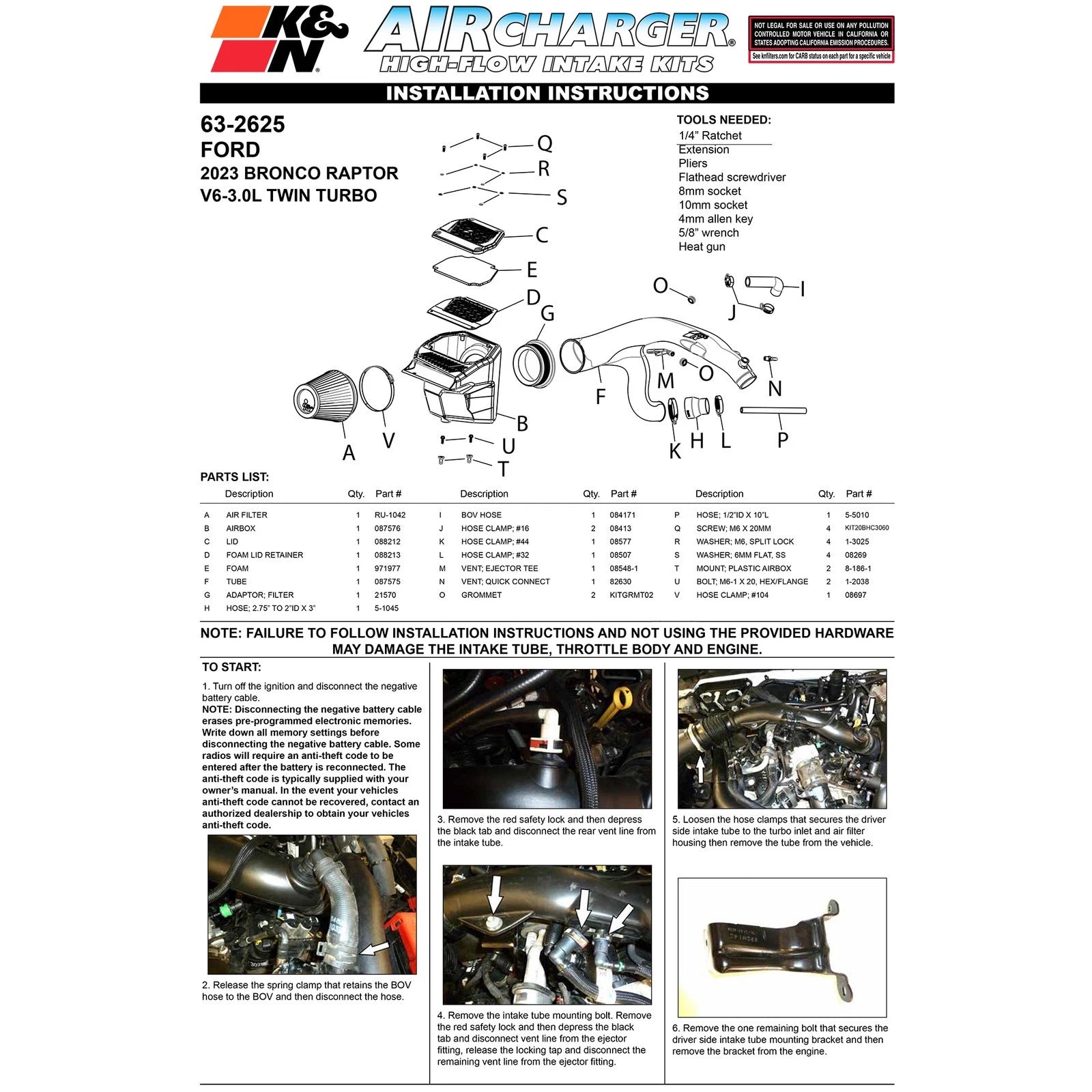 K&N 2023 Ford Bronco Raptor V6 3.0L F/I 63 Series AirCharger Performance Air Intake System