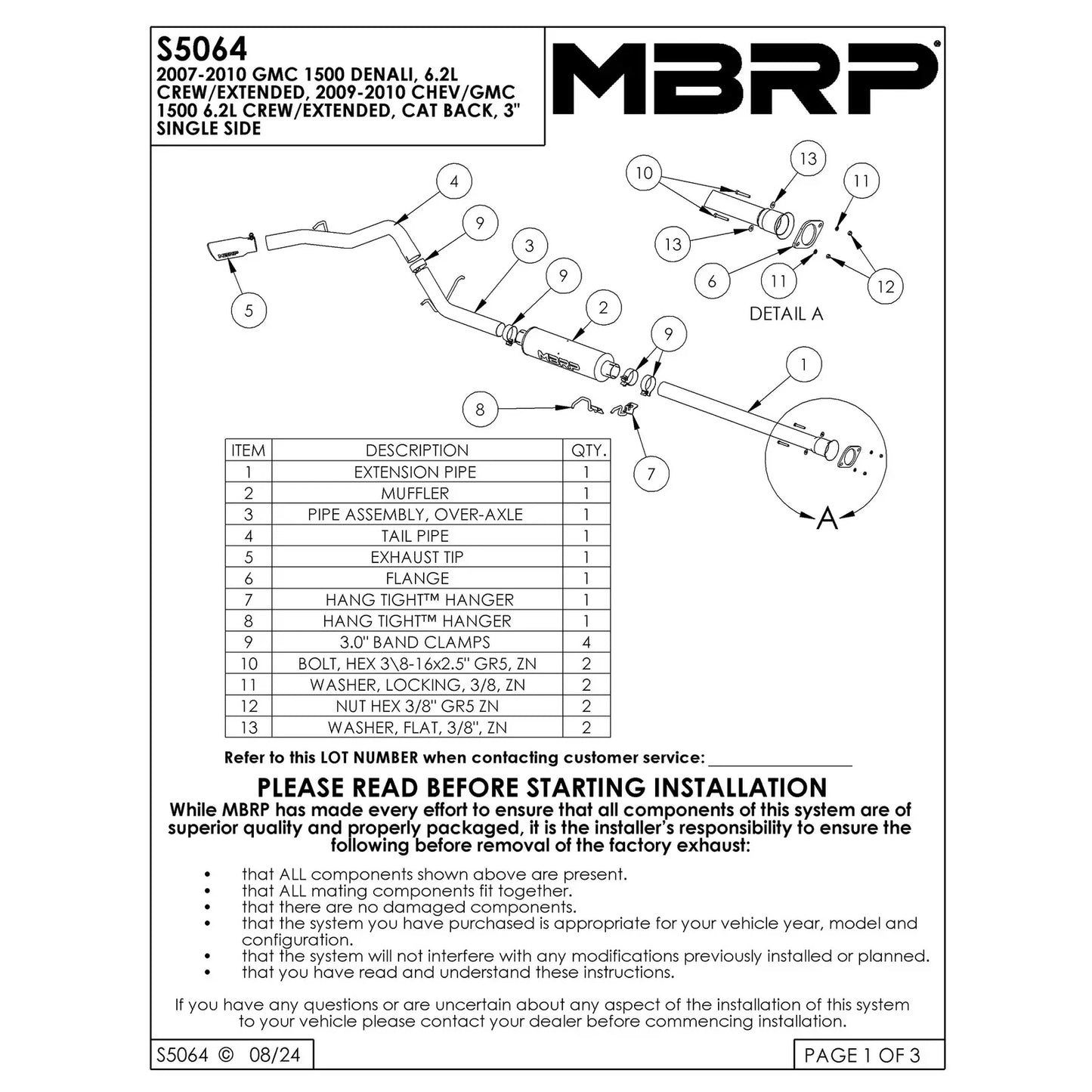 MBRP 2007-2009 Chev/GMC 1500 Denali Cat Back Single Side