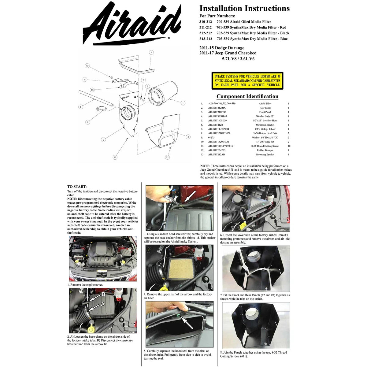 Airaid 11-14 Jeep GC / 11-13 Dodge Durango 3.6/5.7L CAD Intake System w/o Tube (Dry / Red Media)