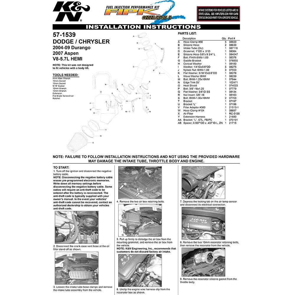 K&N 04-06 Dodge Durango V8-5.7L Performance Intake Kit