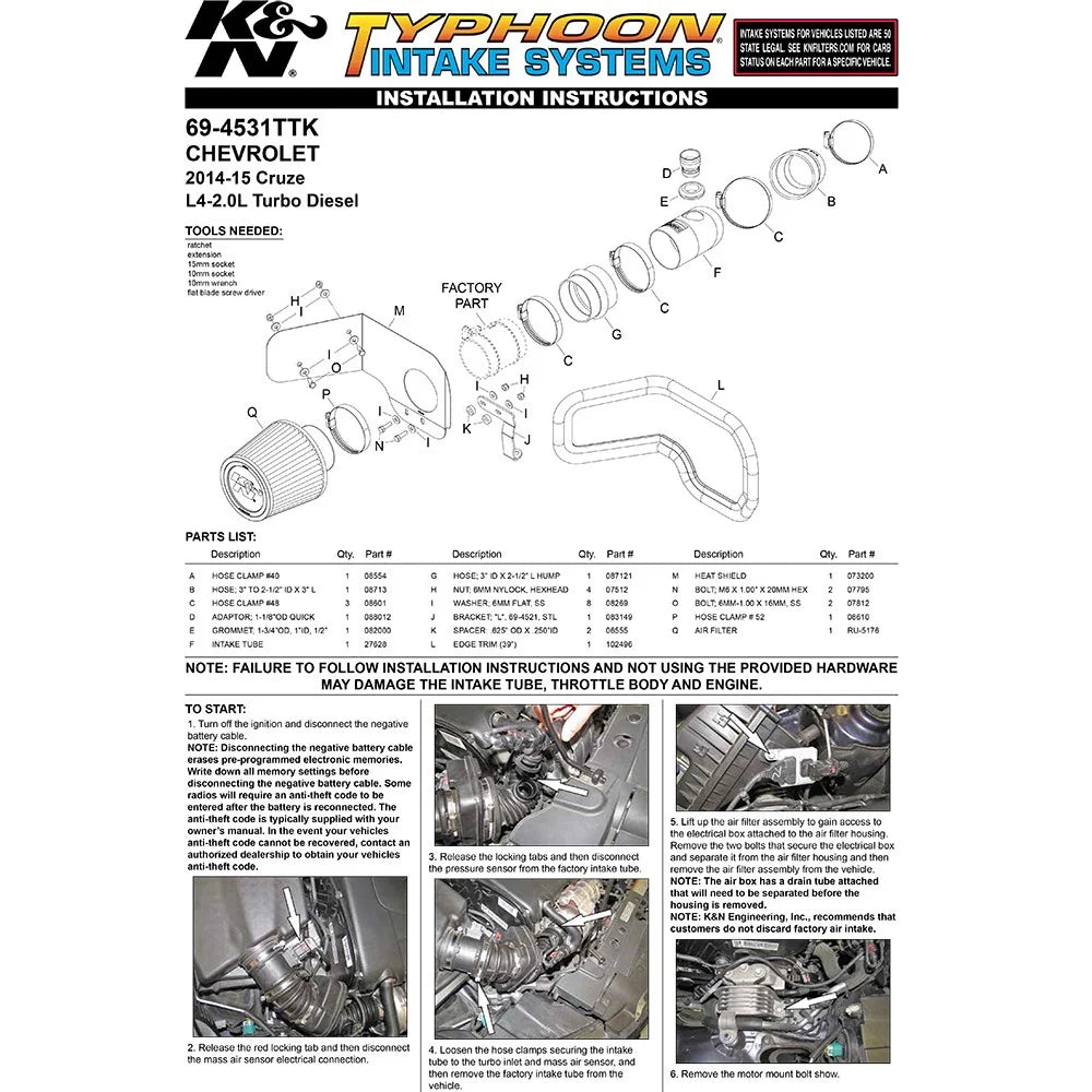 K&N 14-15 Chevrolet Cruze 2.0L L4 DSL Typhoon Performance Intake
