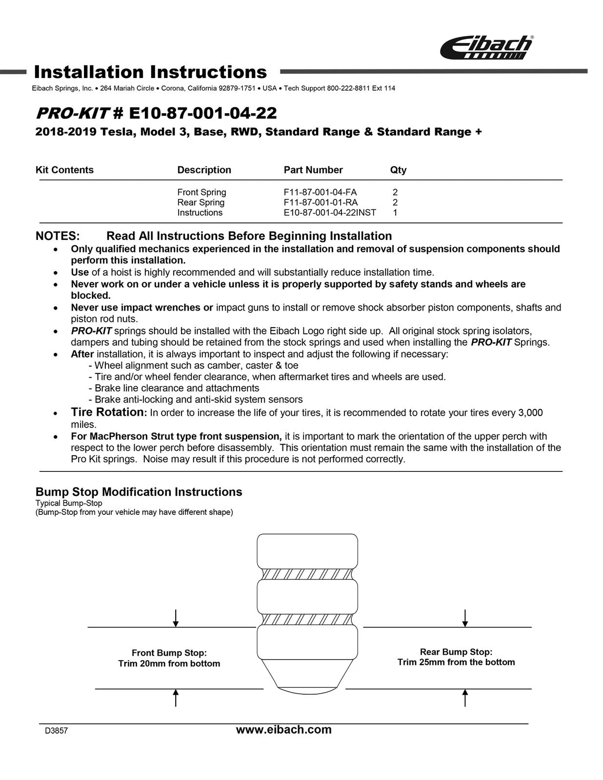 Eibach Pro-Kit for 17-20 Tesla 3 Standard Range