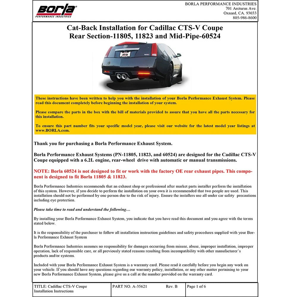 Borla 11-15 Cadillac CTS V Coupe 6.2L 8 cyl SS, S Type Exhaust (rear section only)