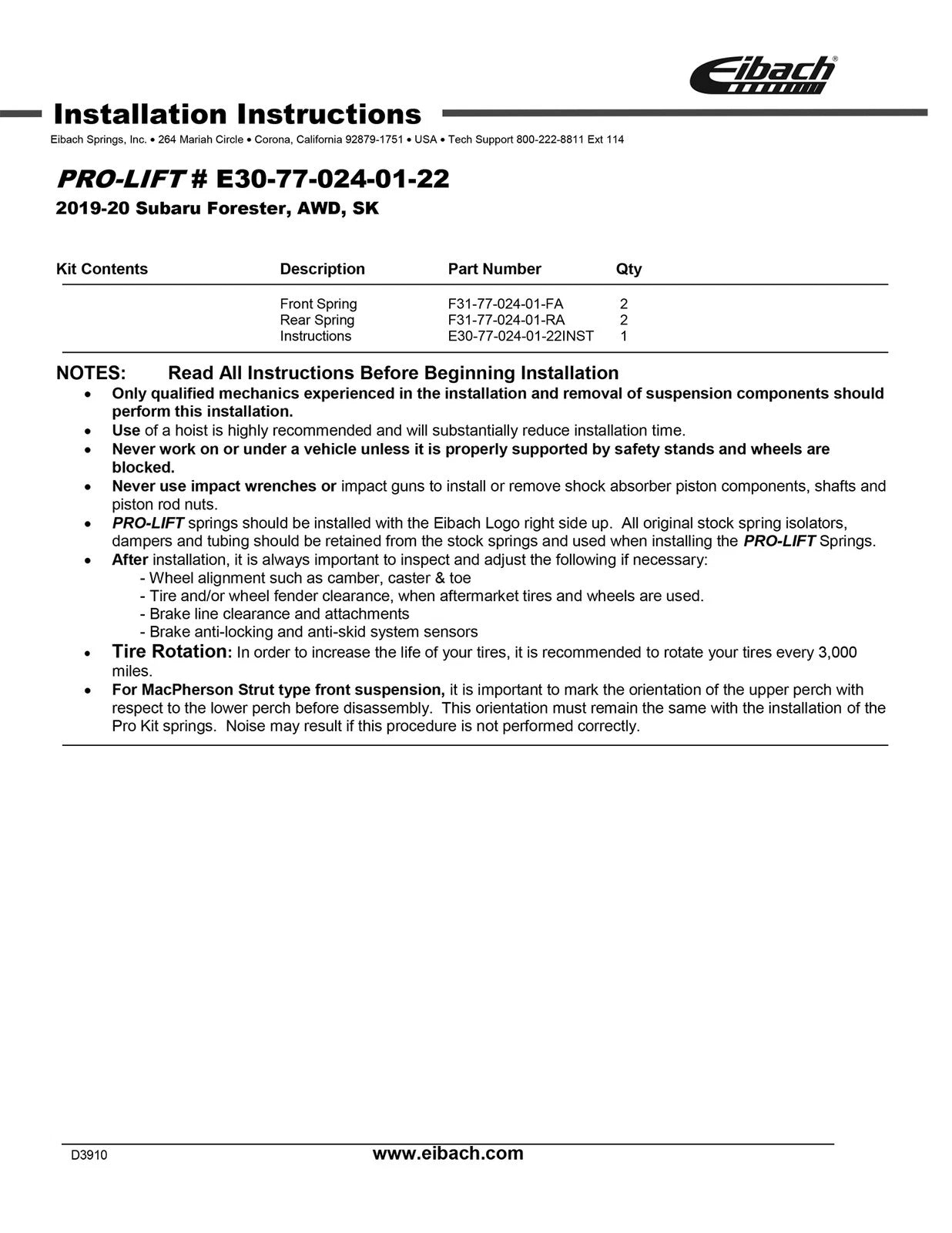 Eibach Pro-Lift Kit for 19-20 Subaru Forester AWD SK