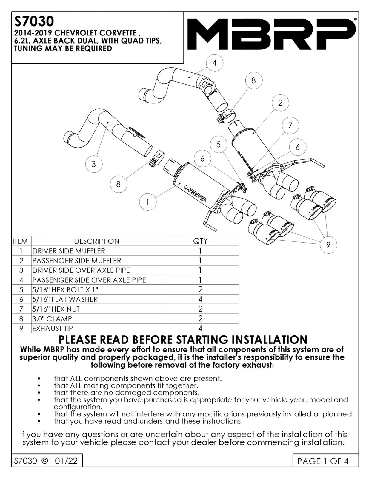 MBRP 14-19 Chevy Corvette V8 6.2L 3in T304 Dual Axle Back w/ 4in Quad Dual Wall Tips
