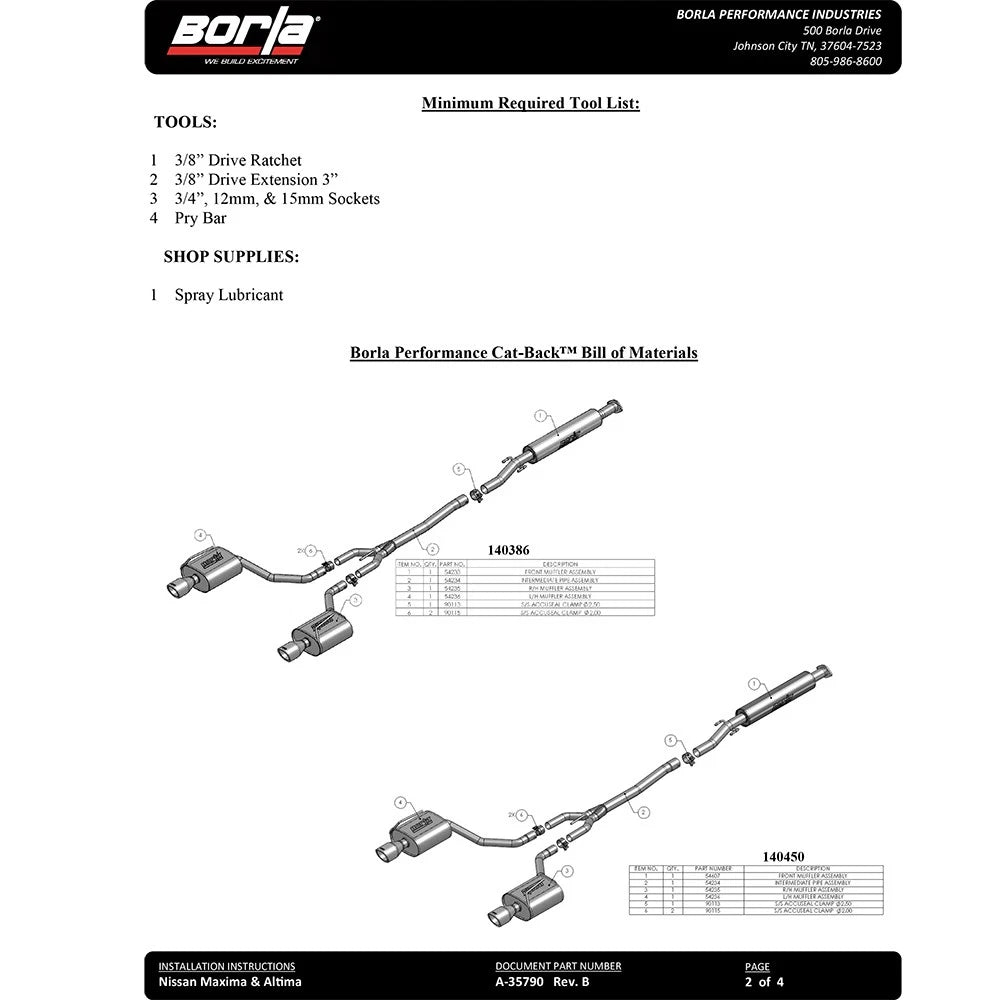 Borla 09-14 Nissan Maxima Sedan 4Dr 3.5L AT FWD SS Catback Exhaust