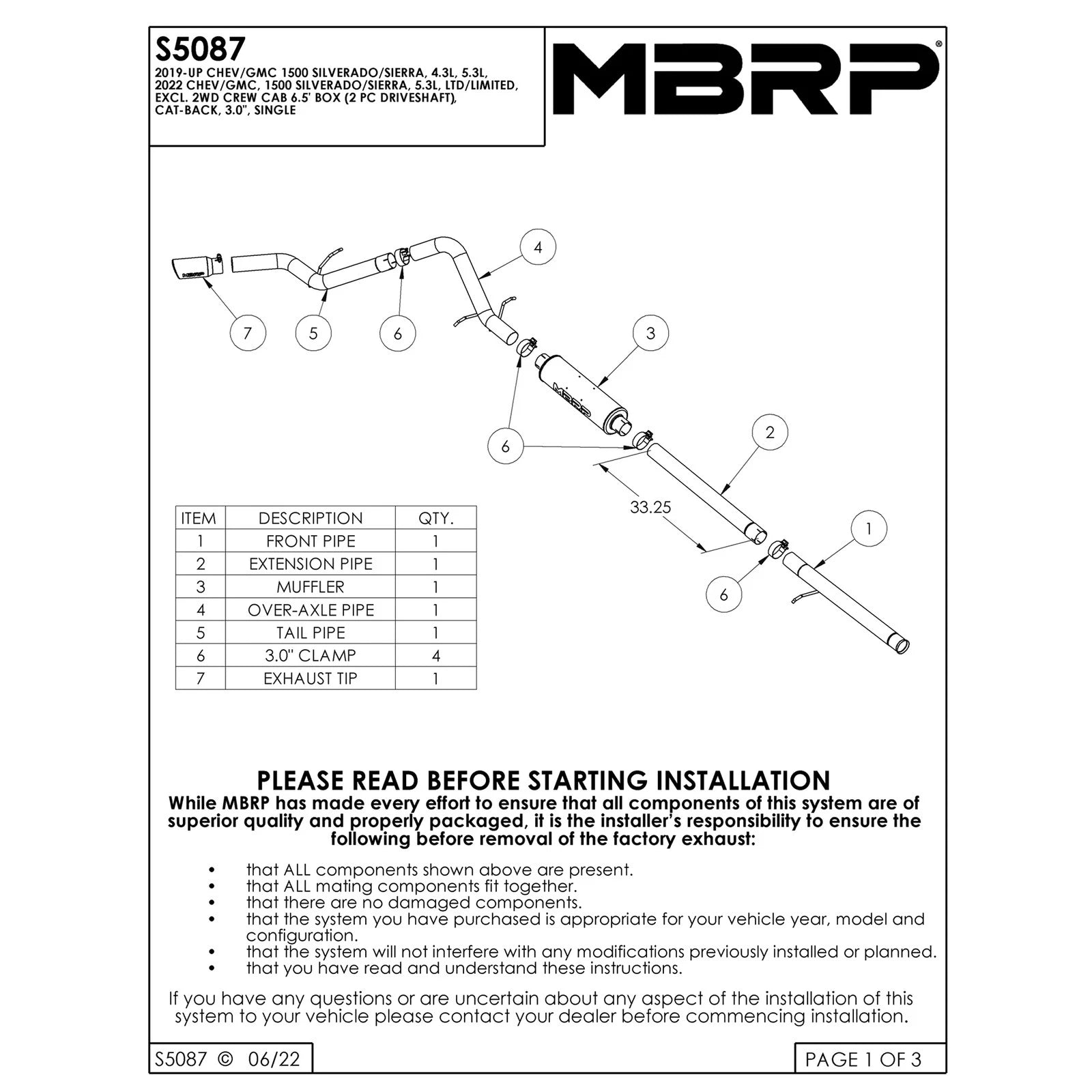 MBRP 2019 Chevrolet/GMC 1500 Silverado/Sierra 4.3L & 5.3L 3 in Cat Back, Single Side (Black Coated)