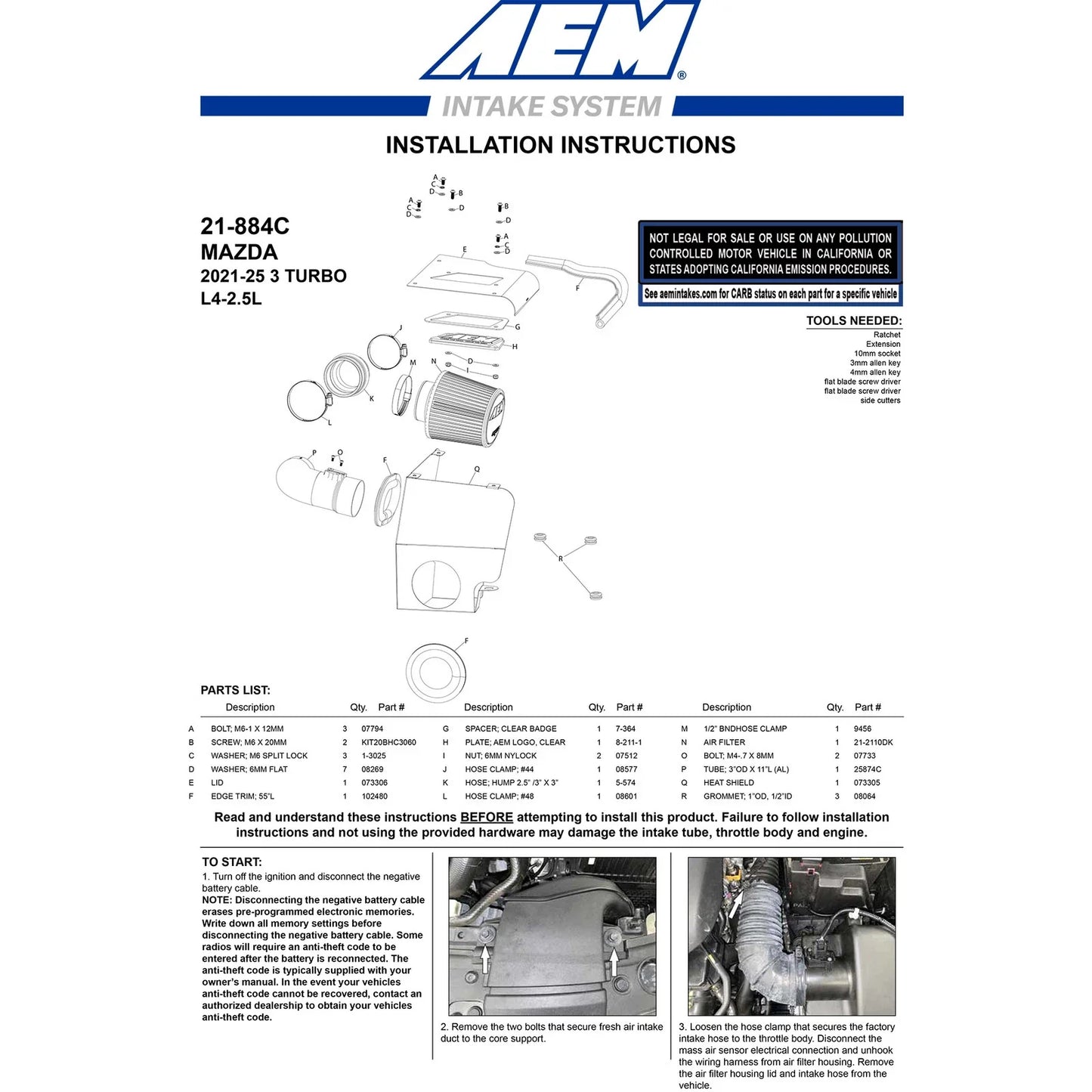 AEM 2021 Mazda 3 L4-2.5L F/I Cold Air Intake System