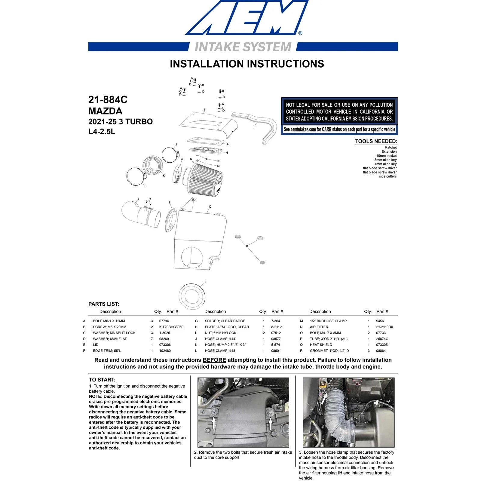 AEM 2021 Mazda 3 L4-2.5L F/I Cold Air Intake System