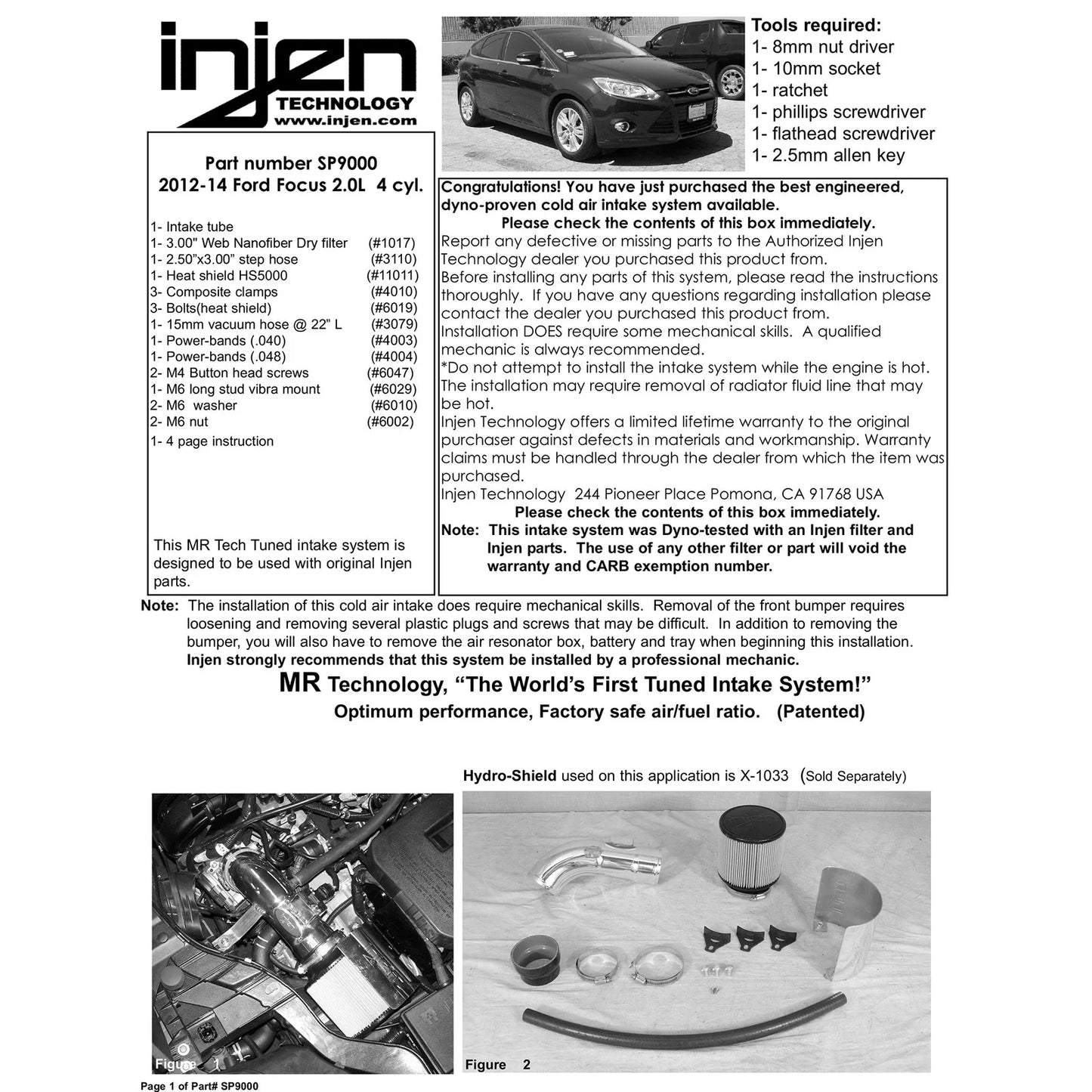 Injen 12 Ford Focus 2.0L 4cyl Polished Air Intake w/MR Tech, Web Nano-Fiber Dry Filter & Heat Shield