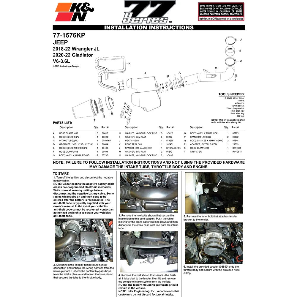 K&N 2018 Jeep Wrangler JL V6-3.6L High Flow Performance Kit