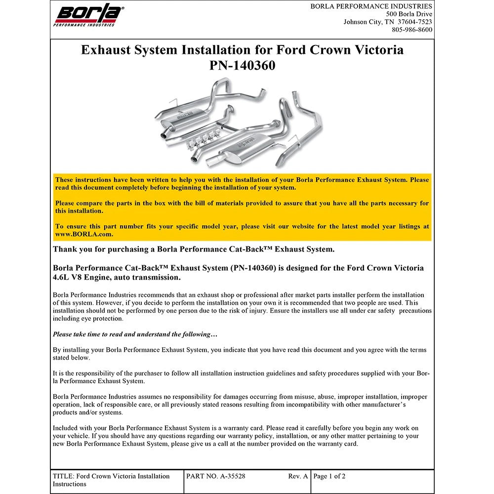 Borla 03-11 Ford Crown Victoria SS Catback Exhaust