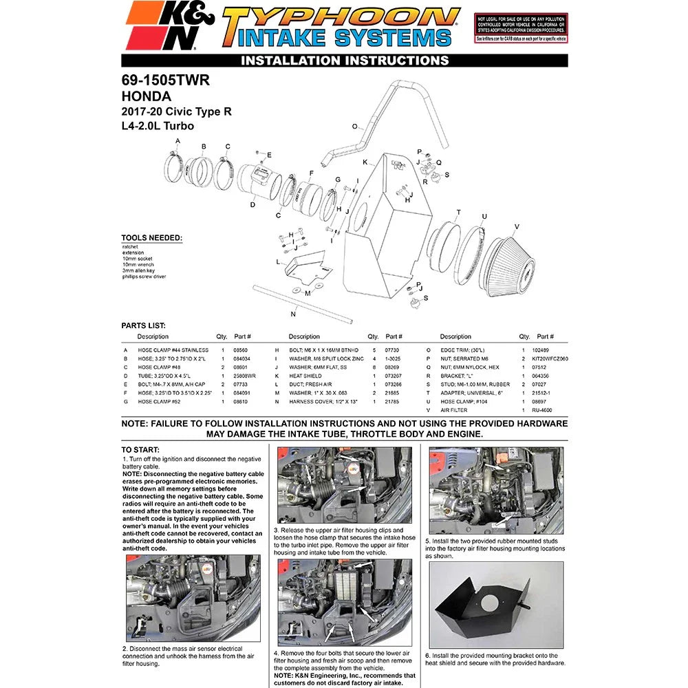 K&N 17-18 Honda Civic Type-R L4-2.0L F/I Typhoon Air Intake