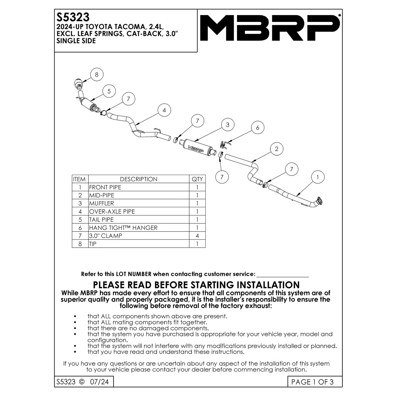 MBRP 2024 Toyota Tacoma T304 Stainless Steel 3in Cat-Back Single Side Exit with Carbon Fiber Tip