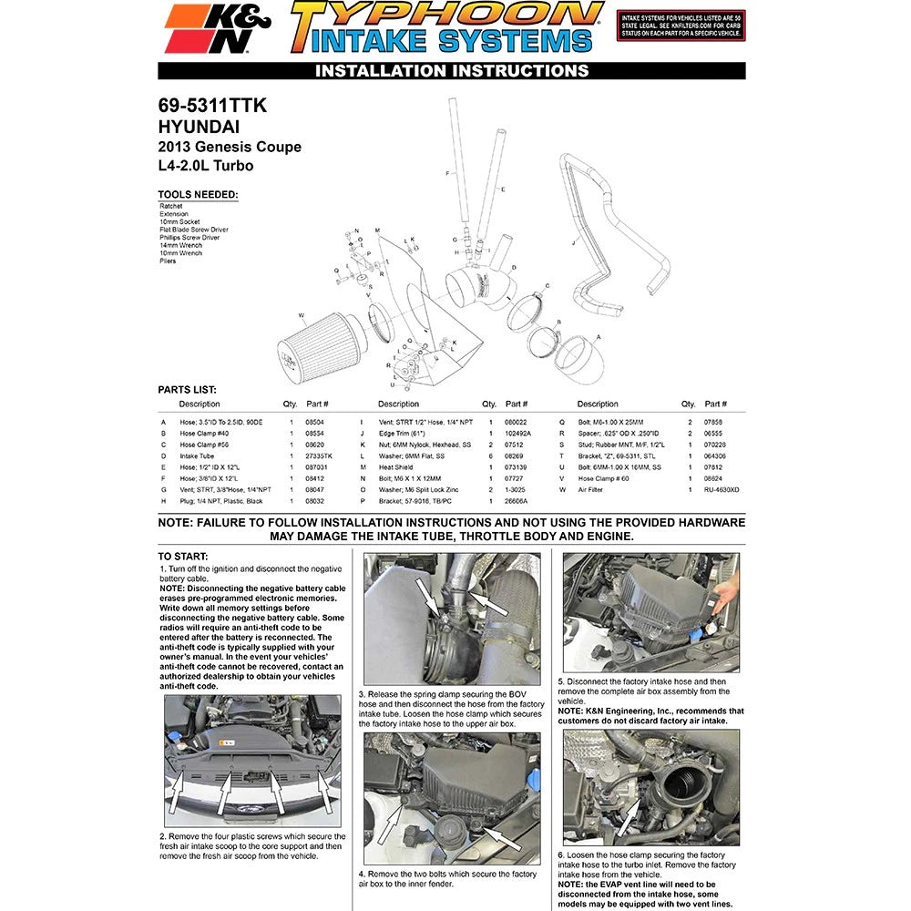 K&N 2013 Hyundai Genesis Coupe 2.0L L4 F/I Typhoon Performance Intake Performance kit