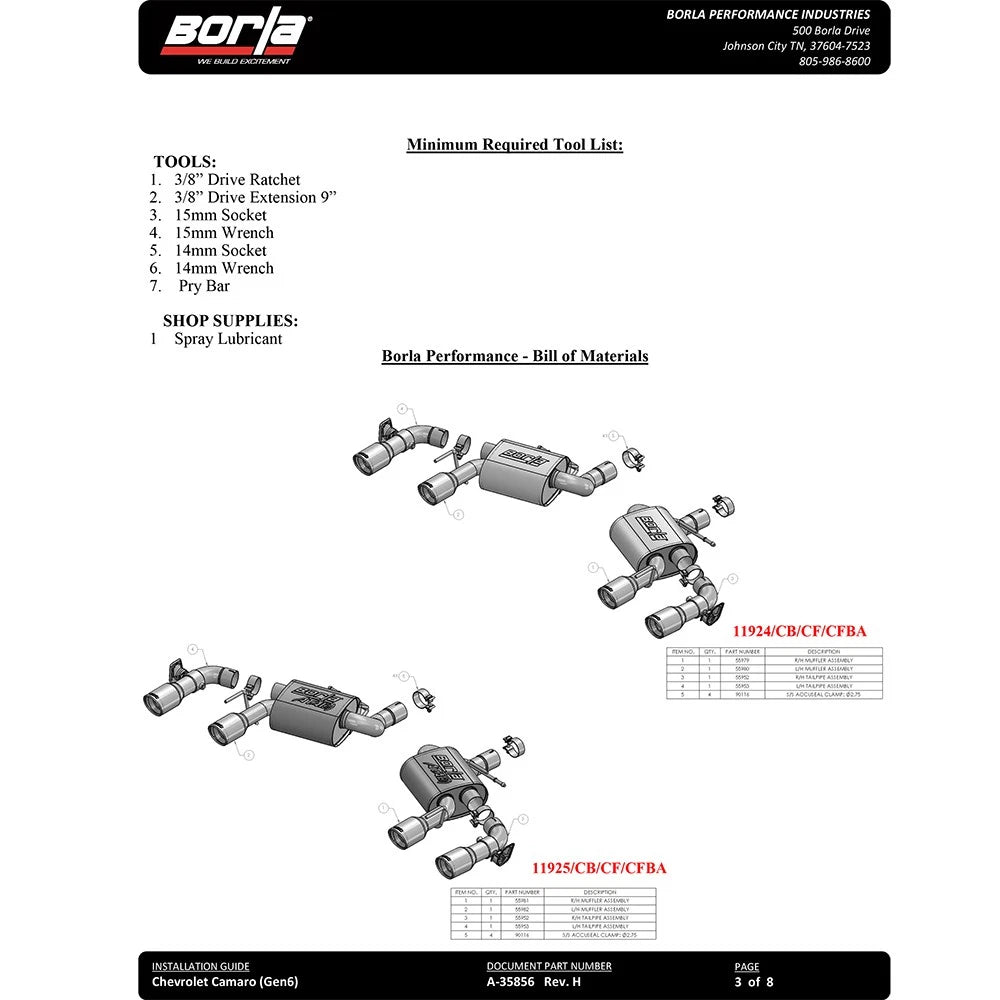 Borla 16 Chevy Camaro SS 6.2L w/ Dual NPP Atak Quad RD RL Tips Dual Exit Rear Section Exhaust