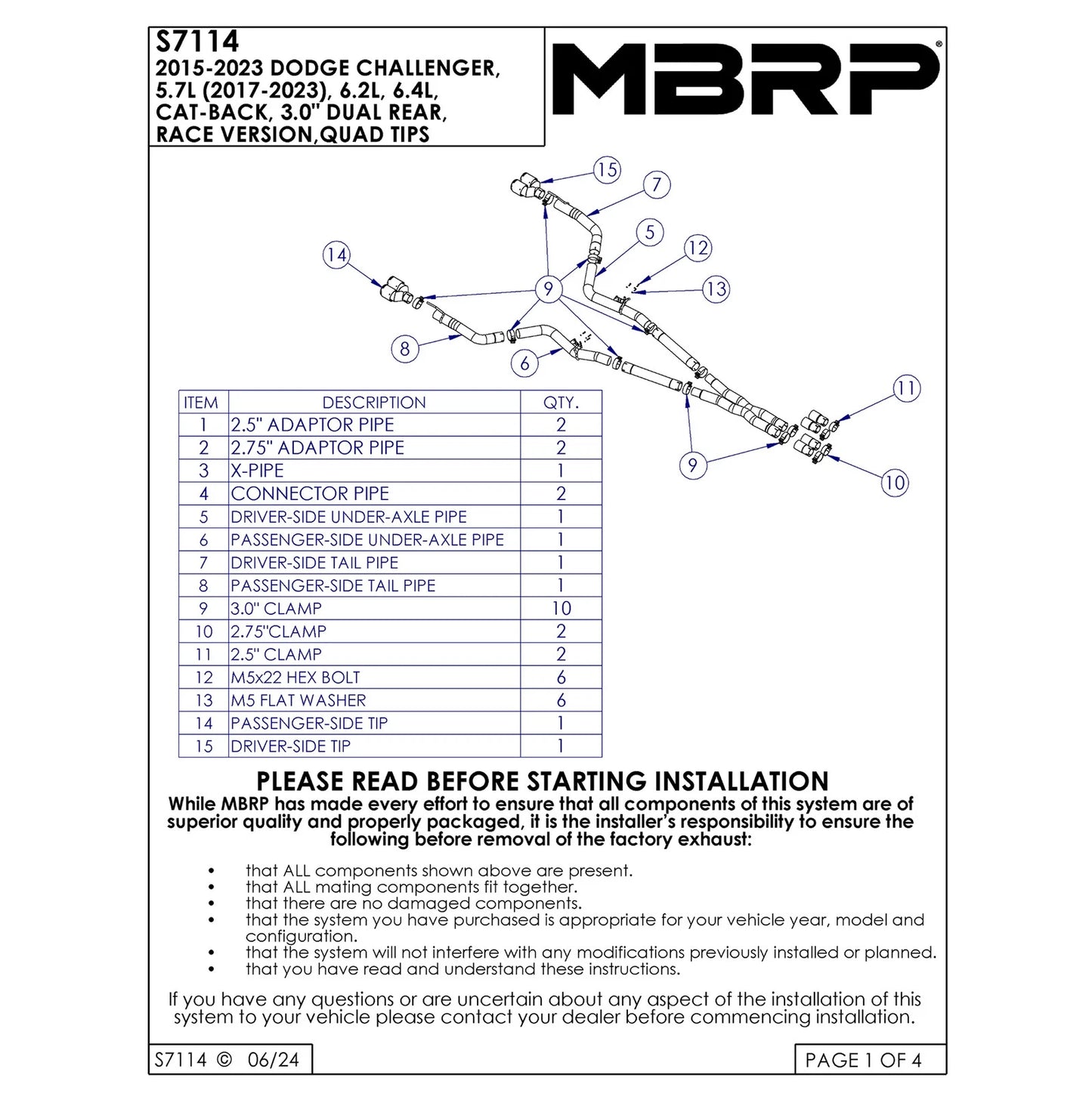 MBRP 15-Up Challenger 5.7L / 17-Up 6.2L/6.4L 3in Race Series Cat-Back w/ Quad Tips AS Exhaust