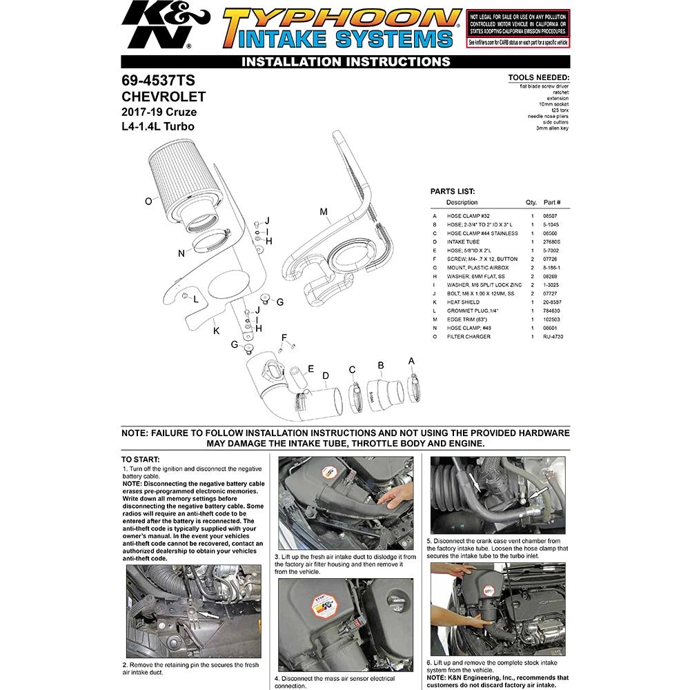 K&N 17-18 Chevy Cruze 1.4L Turbo Silver Typhoon Short Ram Intake