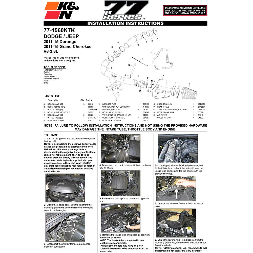 K&N High Flow Performance Intake Kit 11 Jeep Grand Cherokee 3.6L V6 / 11 Dodge Durango 3.6L V6